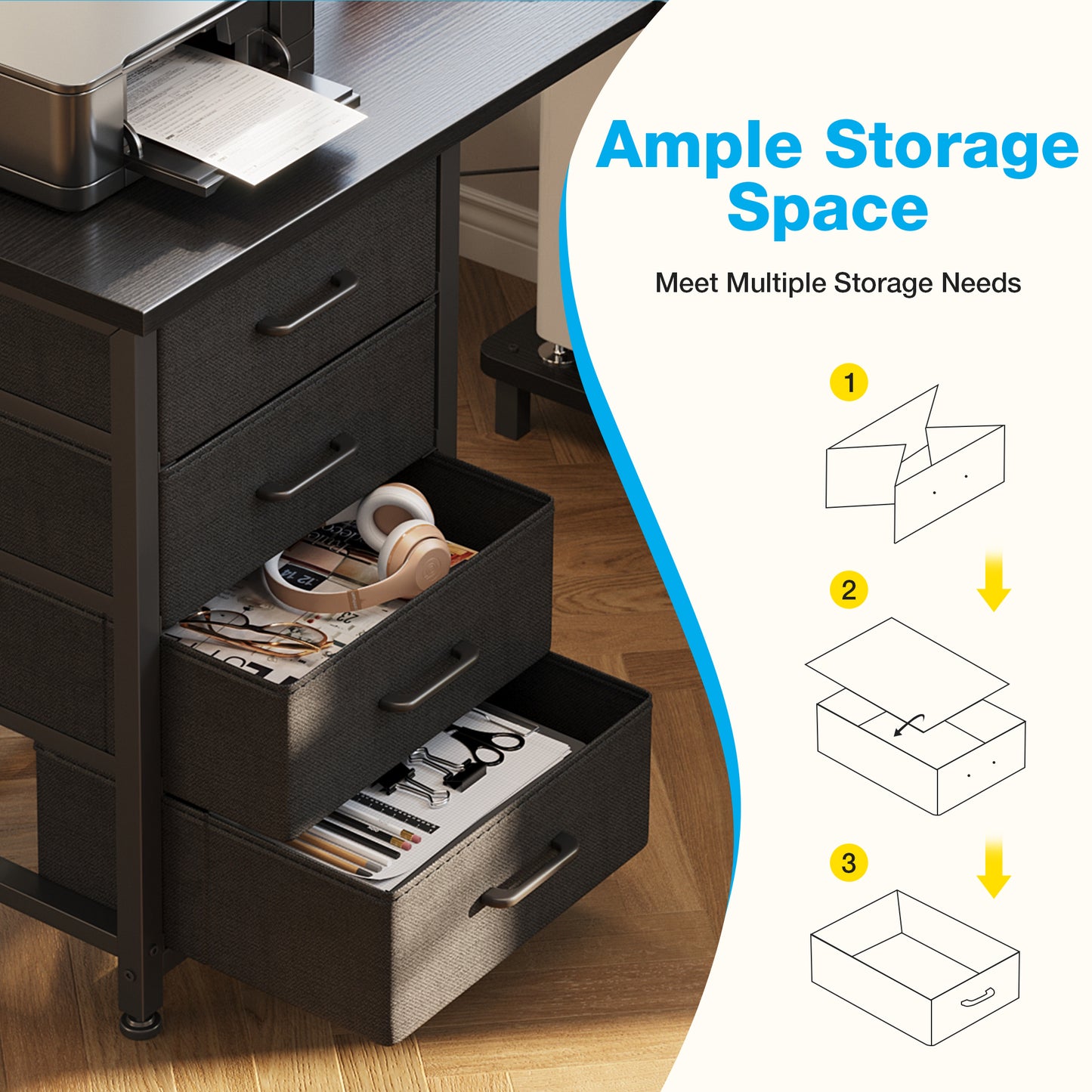 Casacomoda L Shaped Computer Desk with Charging Station, 53 inch PC Table Study Desk 4 Tier Drawers, Modern Simple Style Laptop Desk for Bedroom, Black