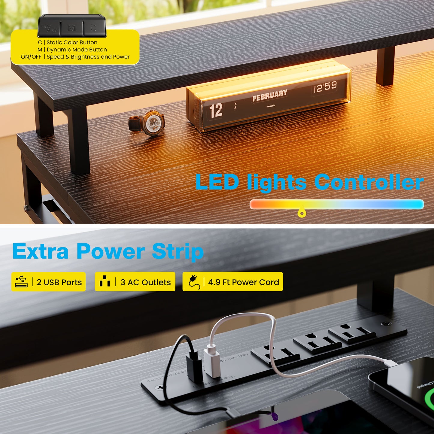 Casacomoda Electric Standing Desk with Power Outlets and LED Lights, Adjustable Height Sit Stand Desk with Monitor Shelf & 3 Fabric Drawers for Home Office, Black