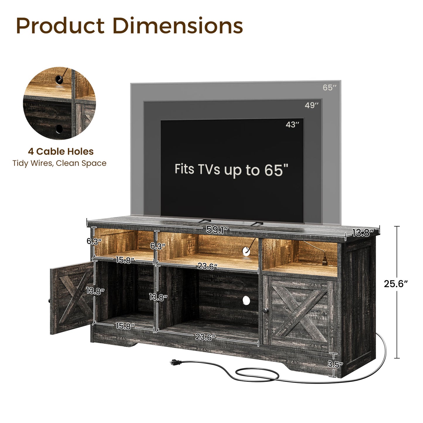 Farmhouse LED TV Stand for 65 Inch TV, Entertainment Center with Power Outlet, Media Console with Storage Cabinets and Shelves, Dark Oak