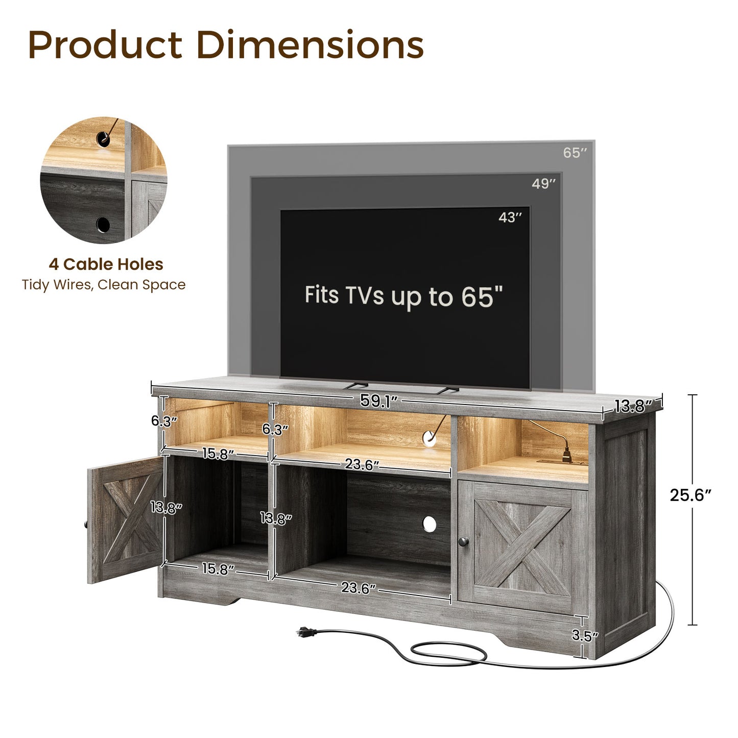 Farmhouse LED TV Stand for 65 Inch TV, Entertainment Center with Power Outlet, Media Console with Storage Cabinets and Shelves, Gray Oak