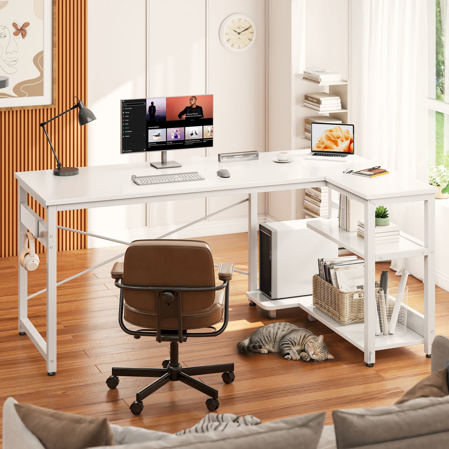 Casacomoda L Shaped Computer Desk with Power Outlet Shelves, 48 Inch Big Reversible Corner Desk for Small Space Home Office, L-Shaped Desk PC Desks, White