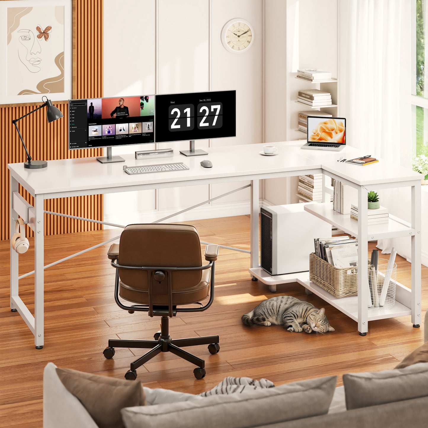 Casacomoda L Shaped Computer Desk with Power Outlet Shelves, 55 Inch Big Reversible Corner Desk for Small Space Home Office, L-Shaped Desk PC Desks, White