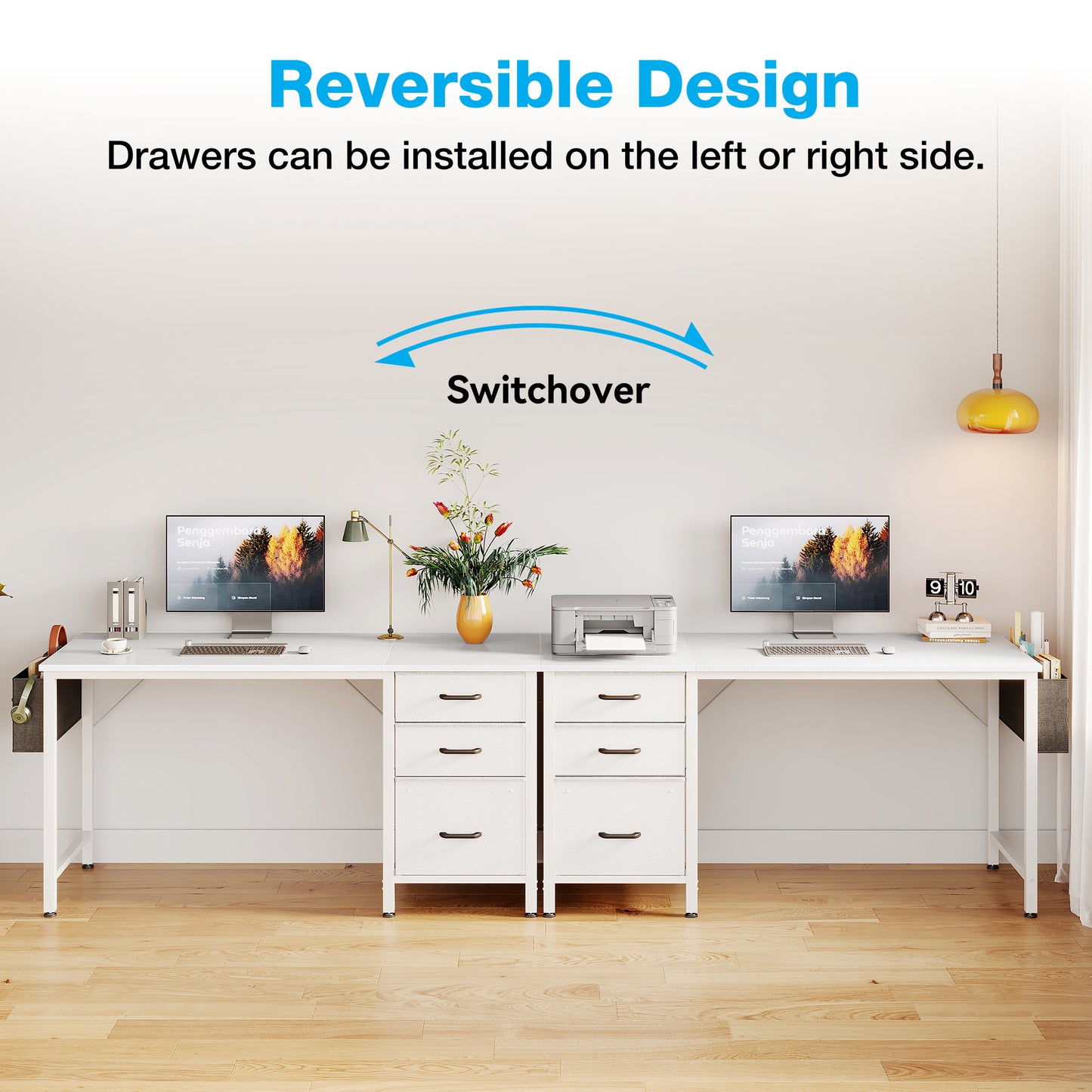 Casacomoda Computer Desk with Fabric Drawers & File Cabinet, Home Office Desk with Cloth Storage Bag and Hook, Vanity Desk for Bedroom, White