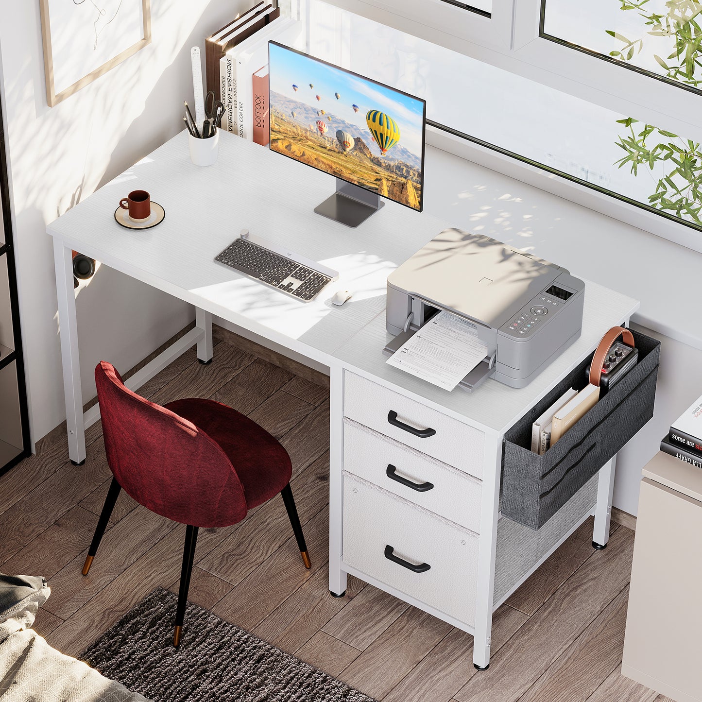 Casacomoda 40" Small Computer Desk with Fabric Drawers & File Cabinet, Home Office Desk with Cloth Storage Bag and Hook, Writing Study Work Table for Small Space, Vanity Desk for Bedroom, White