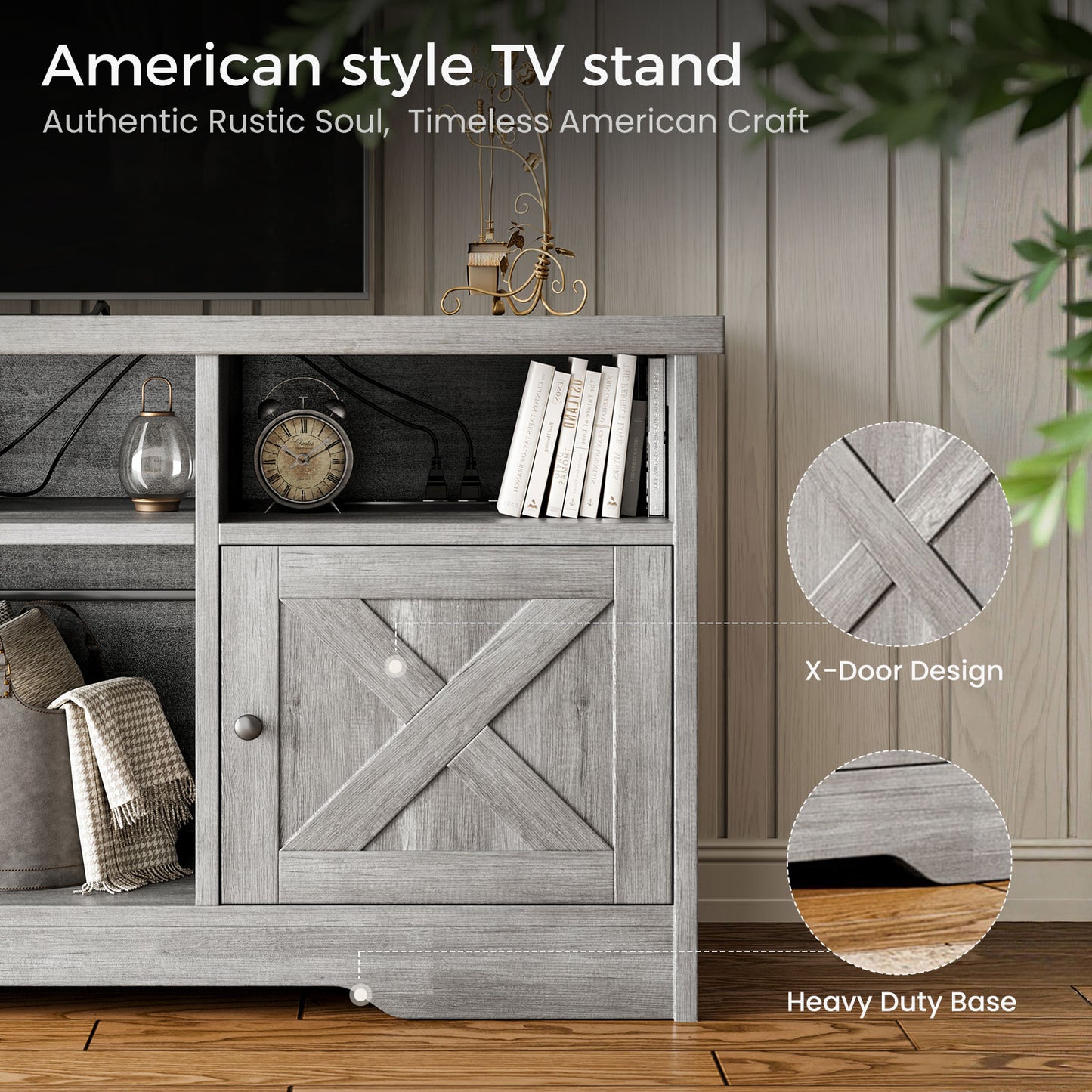 Farmhouse LED TV Stand for 65 Inch TV, Entertainment Center with Power Outlet, Media Console with Storage Cabinets and Shelves, Gray Oak