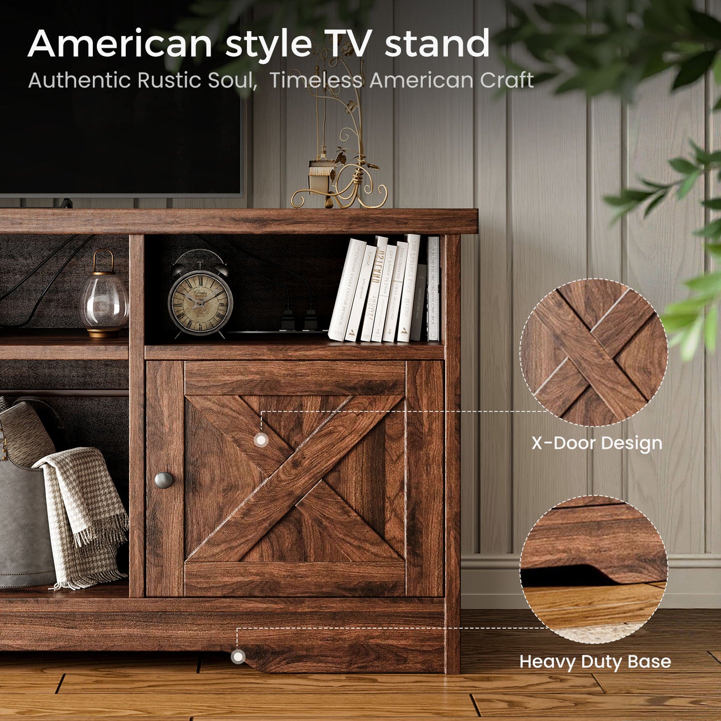 Farmhouse LED TV Stand for 65 Inch TV, Entertainment Center with Power Outlet, Media Console with Storage Cabinets and Shelves, Walnut
