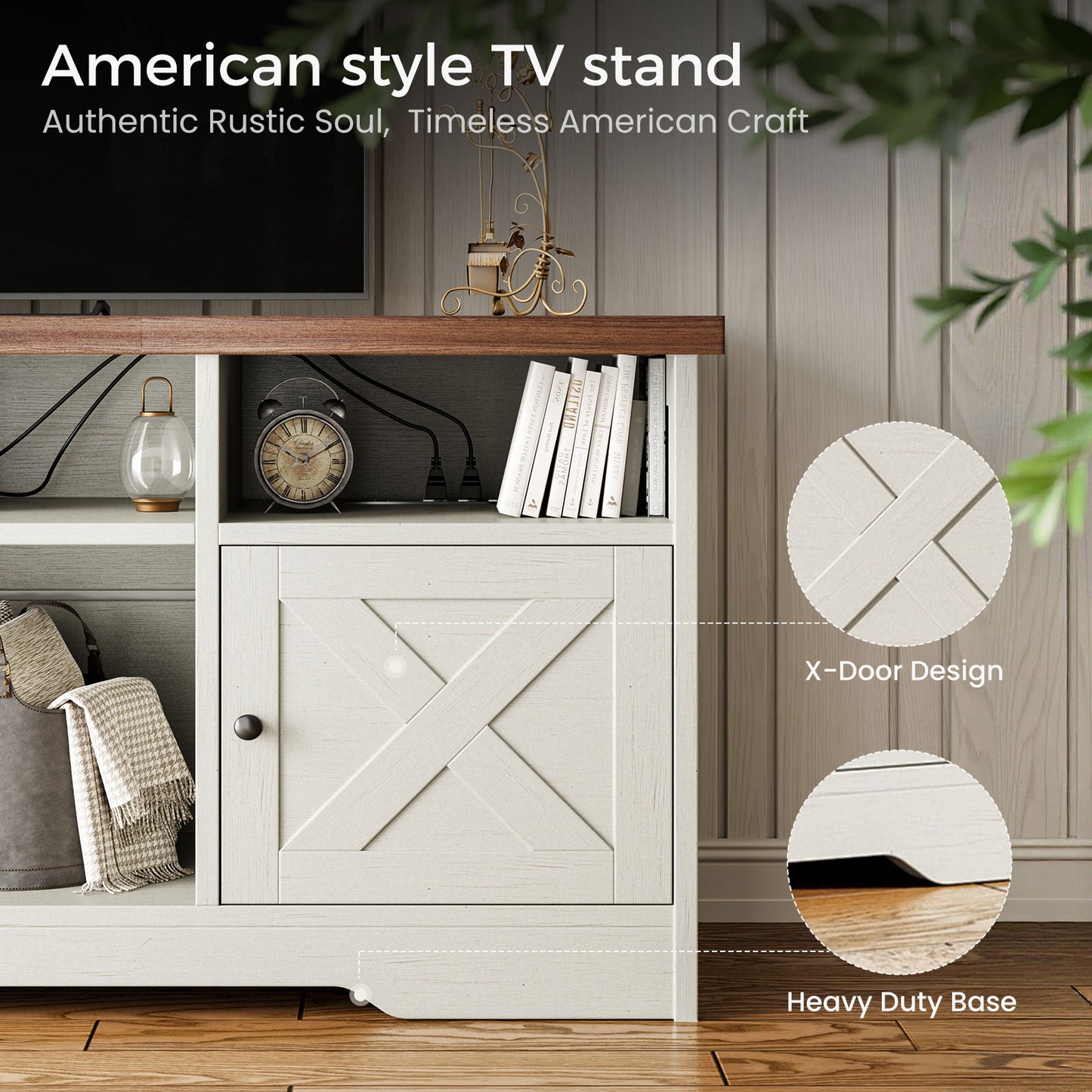 Farmhouse LED TV Stand for 65 Inch TV, Entertainment Center with Power Outlet, Media Console with Storage Cabinets and Shelves, White