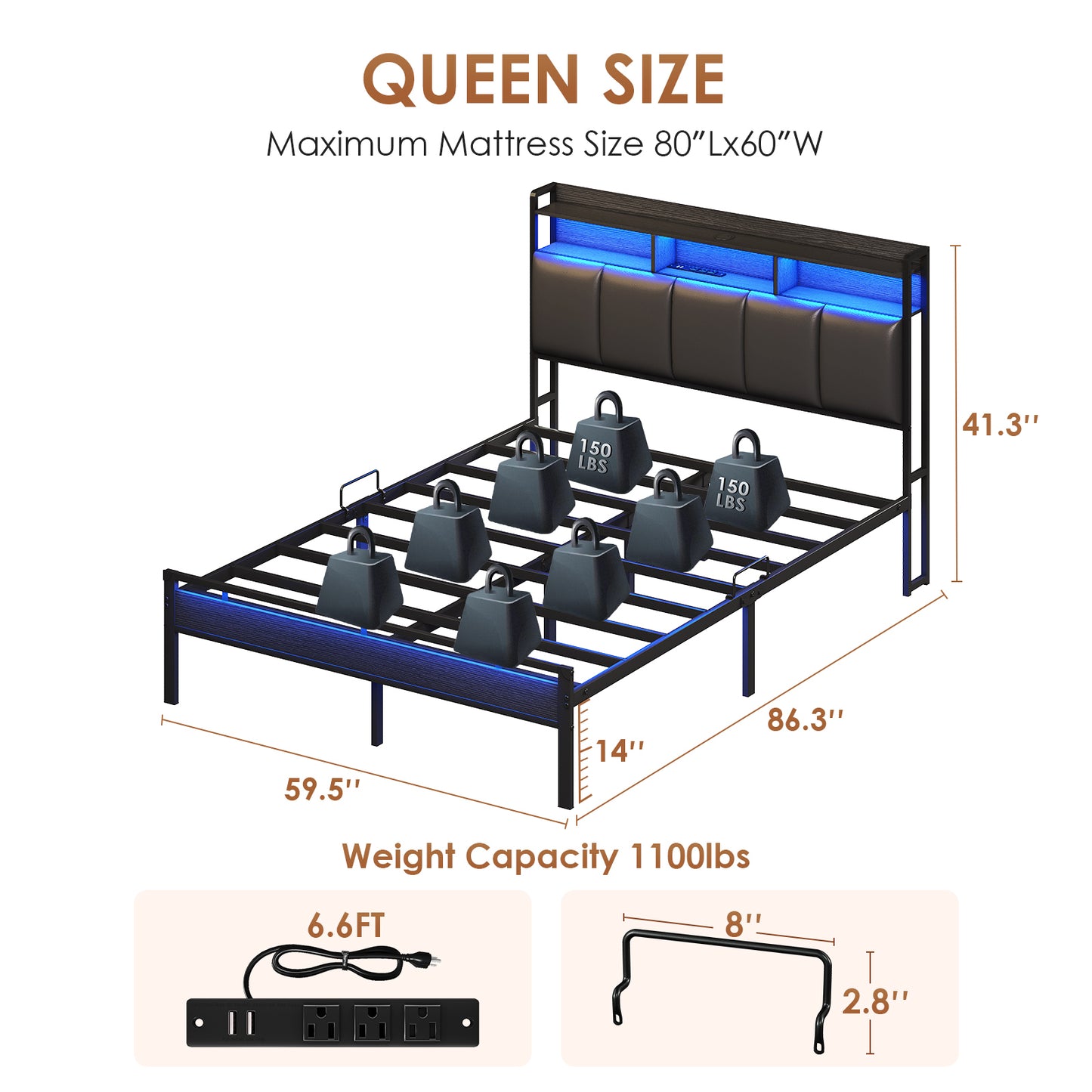 Queen Size Bed Frame with Storage Headboard & LED Light, Upholstered Platform Bed with Power Outlets, Heavy Duty Frame Support, Noise Free, No Box Spring Needed, Black