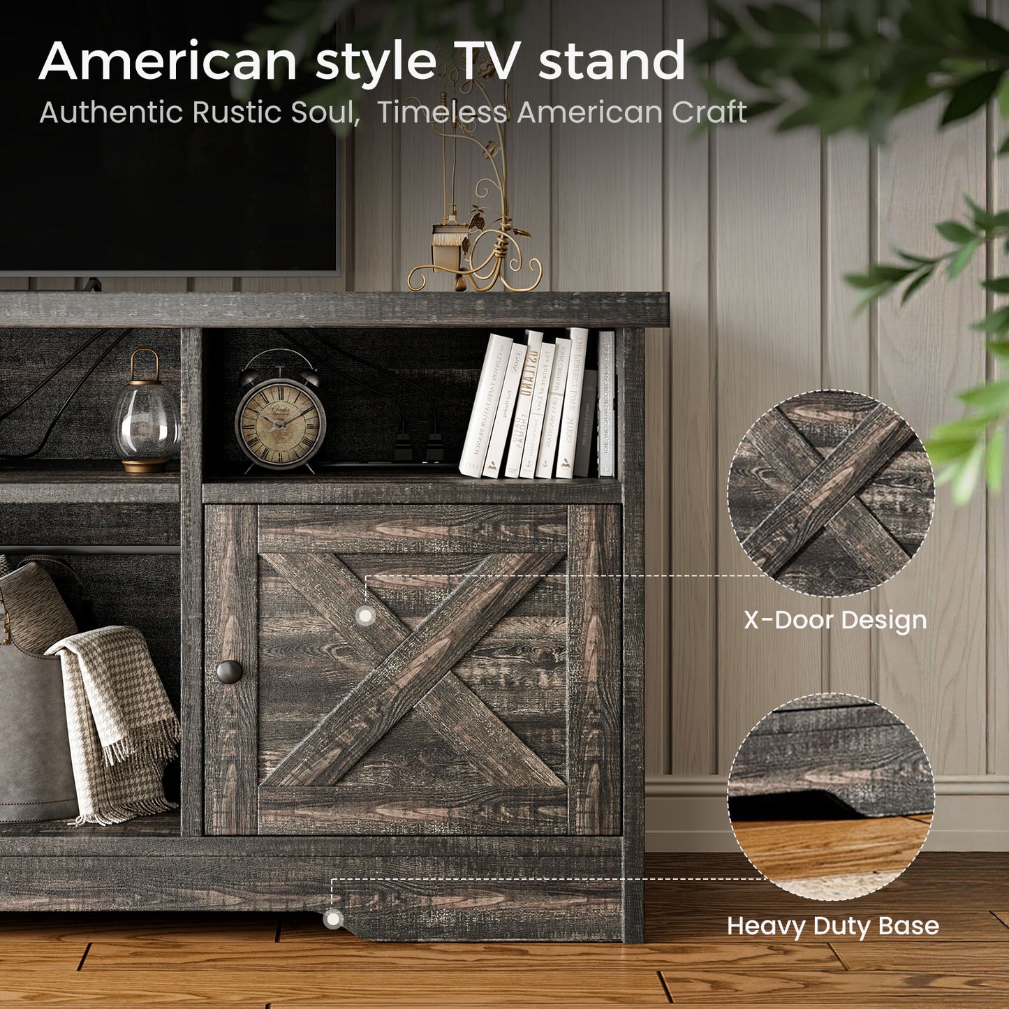 Farmhouse LED TV Stand for 65 Inch TV, Entertainment Center with Power Outlet, Media Console with Storage Cabinets and Shelves, Dark Oak
