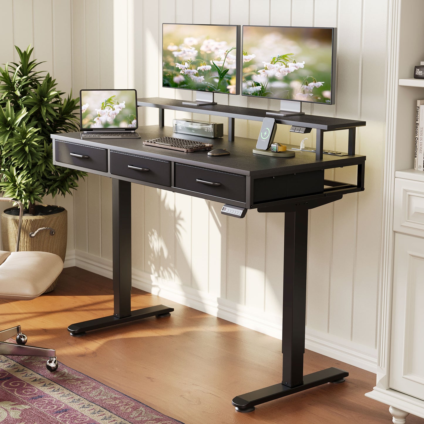 Casacomoda Electric Standing Desk with Power Outlets and LED Lights, Adjustable Height Sit Stand Desk with Monitor Shelf & 3 Fabric Drawers for Home Office, Black