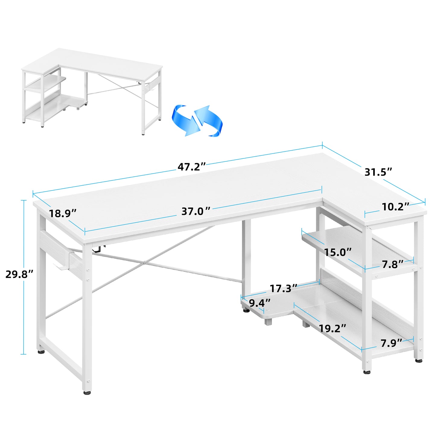 Casacomoda L Shaped Computer Desk with Power Outlet Shelves, 48 Inch Big Reversible Corner Desk for Small Space Home Office, L-Shaped Desk PC Desks, White