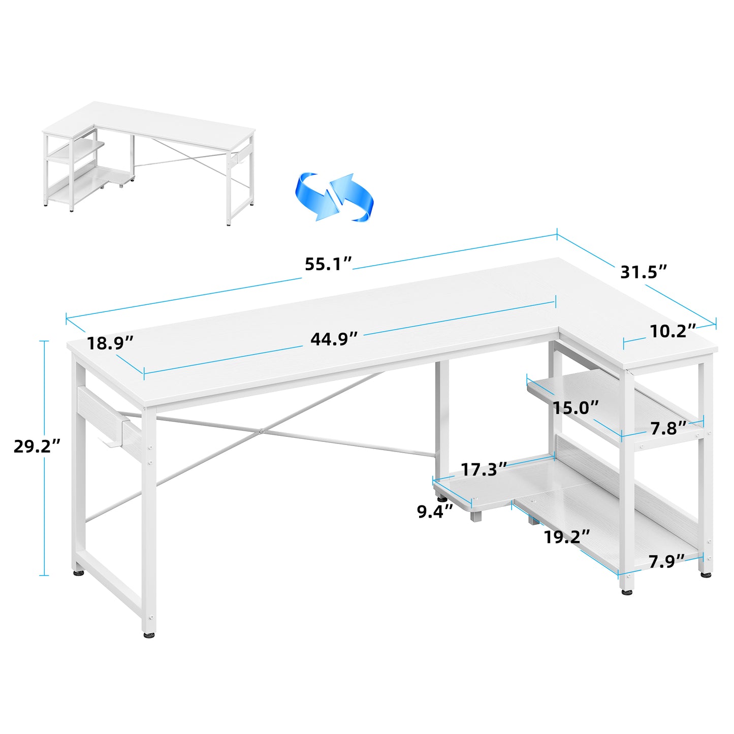 Casacomoda L Shaped Computer Desk with Power Outlet Shelves, 55 Inch Big Reversible Corner Desk for Small Space Home Office, L-Shaped Desk PC Desks, White