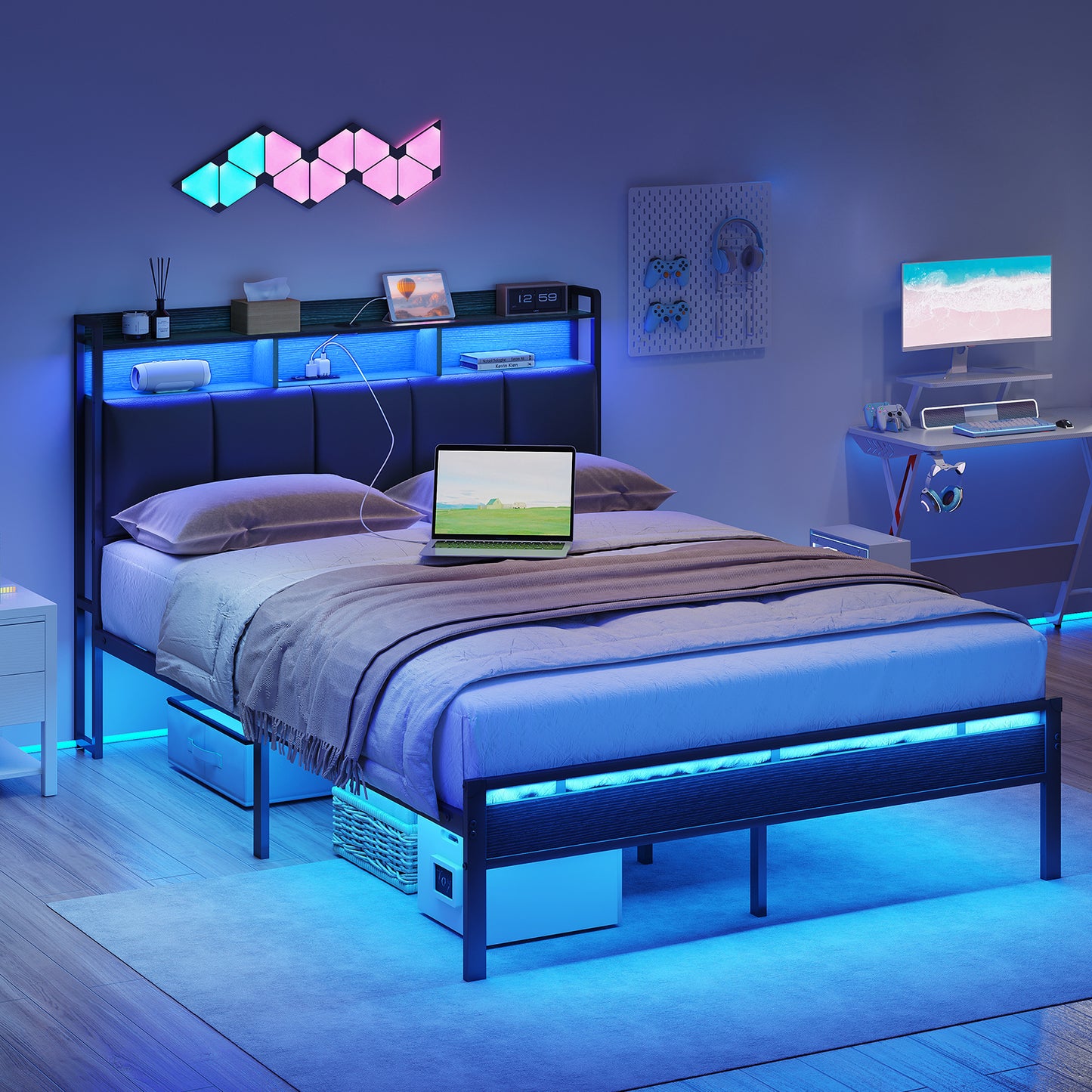 Queen Size Bed Frame with Storage Headboard & LED Light, Upholstered Platform Bed with Power Outlets, Heavy Duty Frame Support, Noise Free, No Box Spring Needed, Black