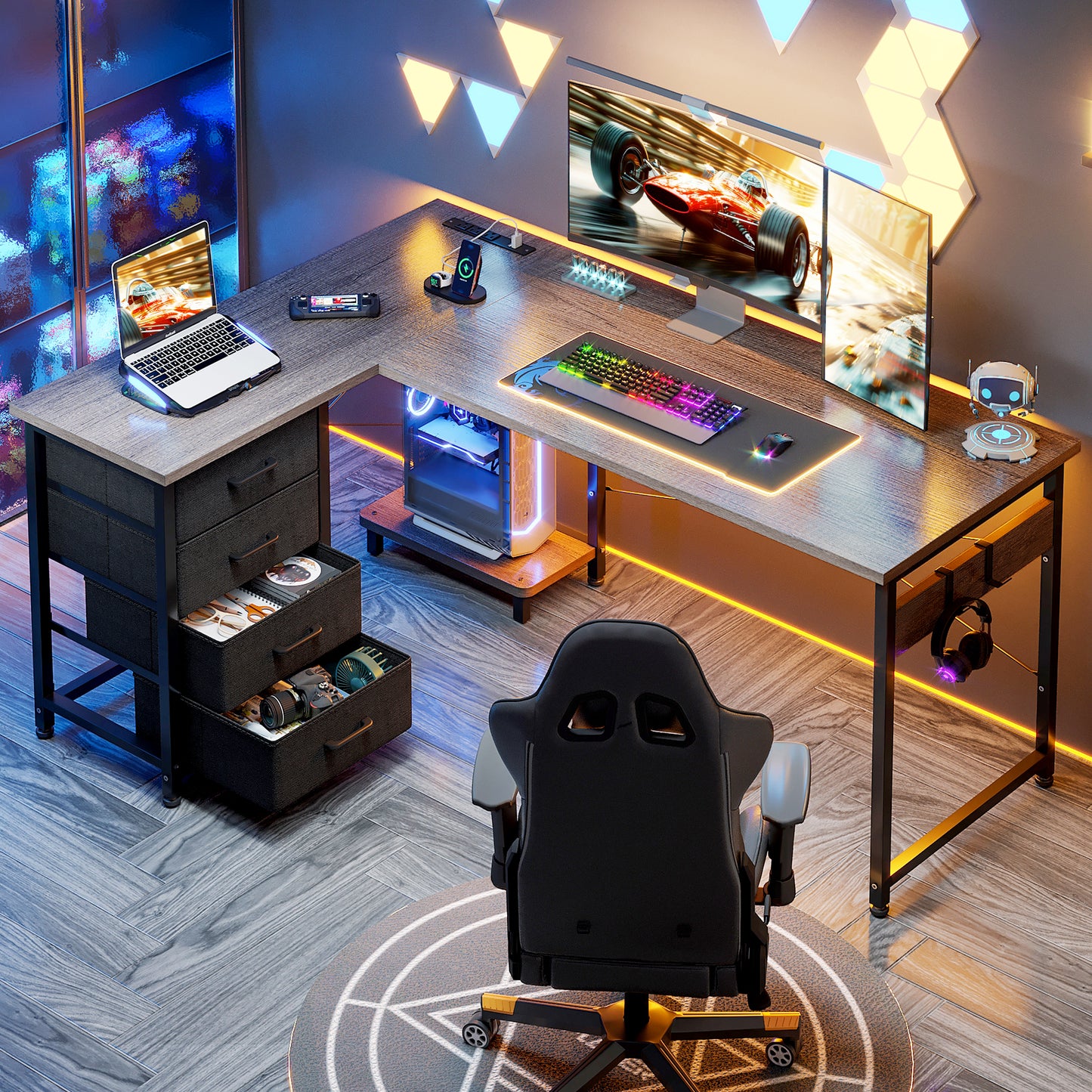 Casacomoda L Shaped Computer Desk with Charging Station, 53 inch PC Table Study Desk 4 Tier Drawers, Modern Simple Style Laptop Desk for Bedroom, Grey Oak