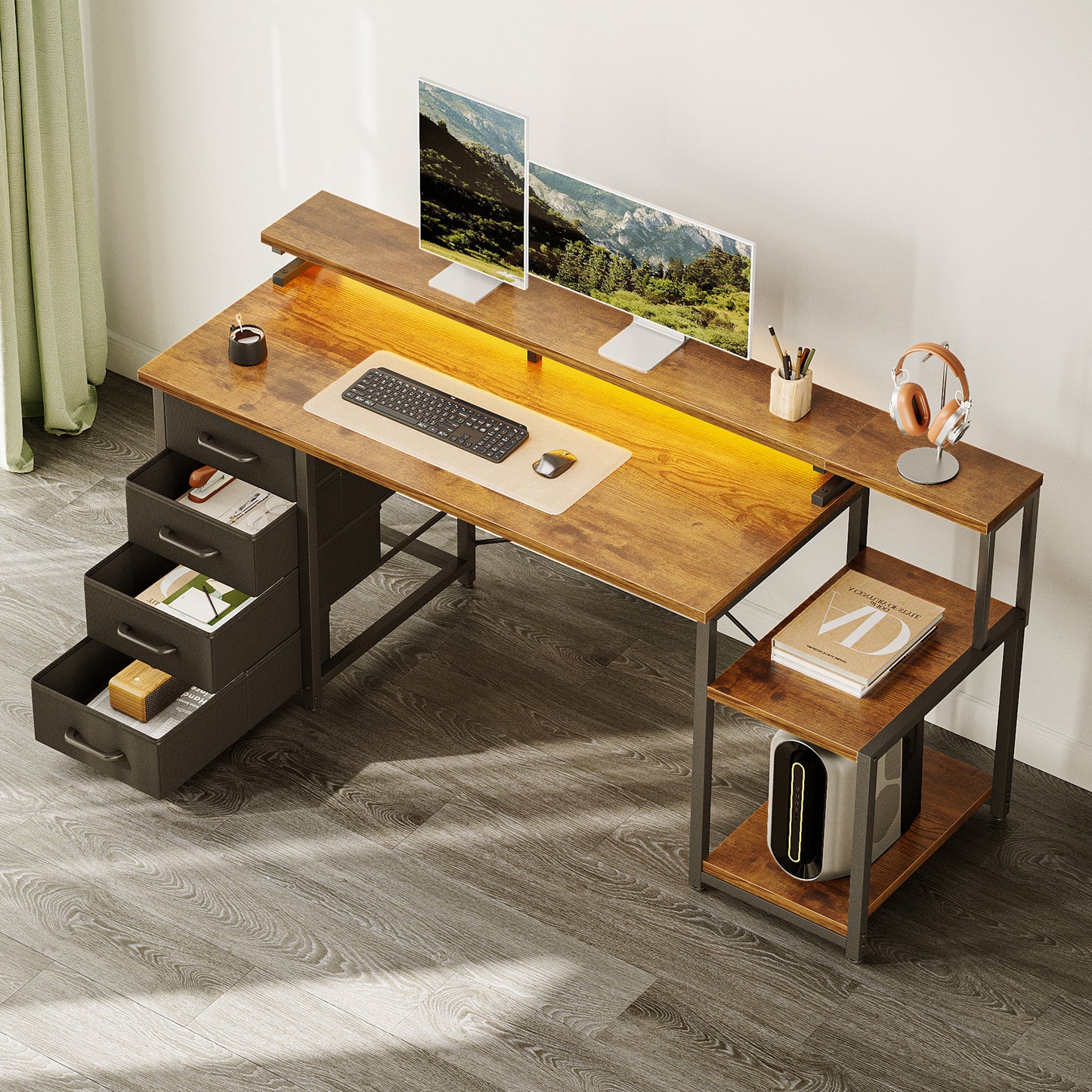 Casacomoda 55 Inch Computer Desk with LED Light, Monitor Stand, Desk with 4 Drawers, Home Office Desk with Storage Shelves, White Office Desks, Vintage and Black