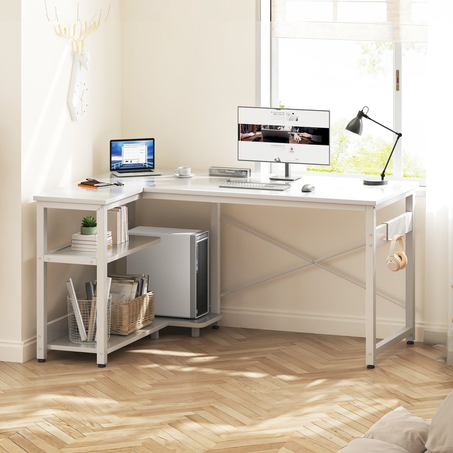 Casacomoda L Shaped Computer Desk with Power Outlet Shelves, 48 Inch Big Reversible Corner Desk for Small Space Home Office, L-Shaped Desk PC Desks, White
