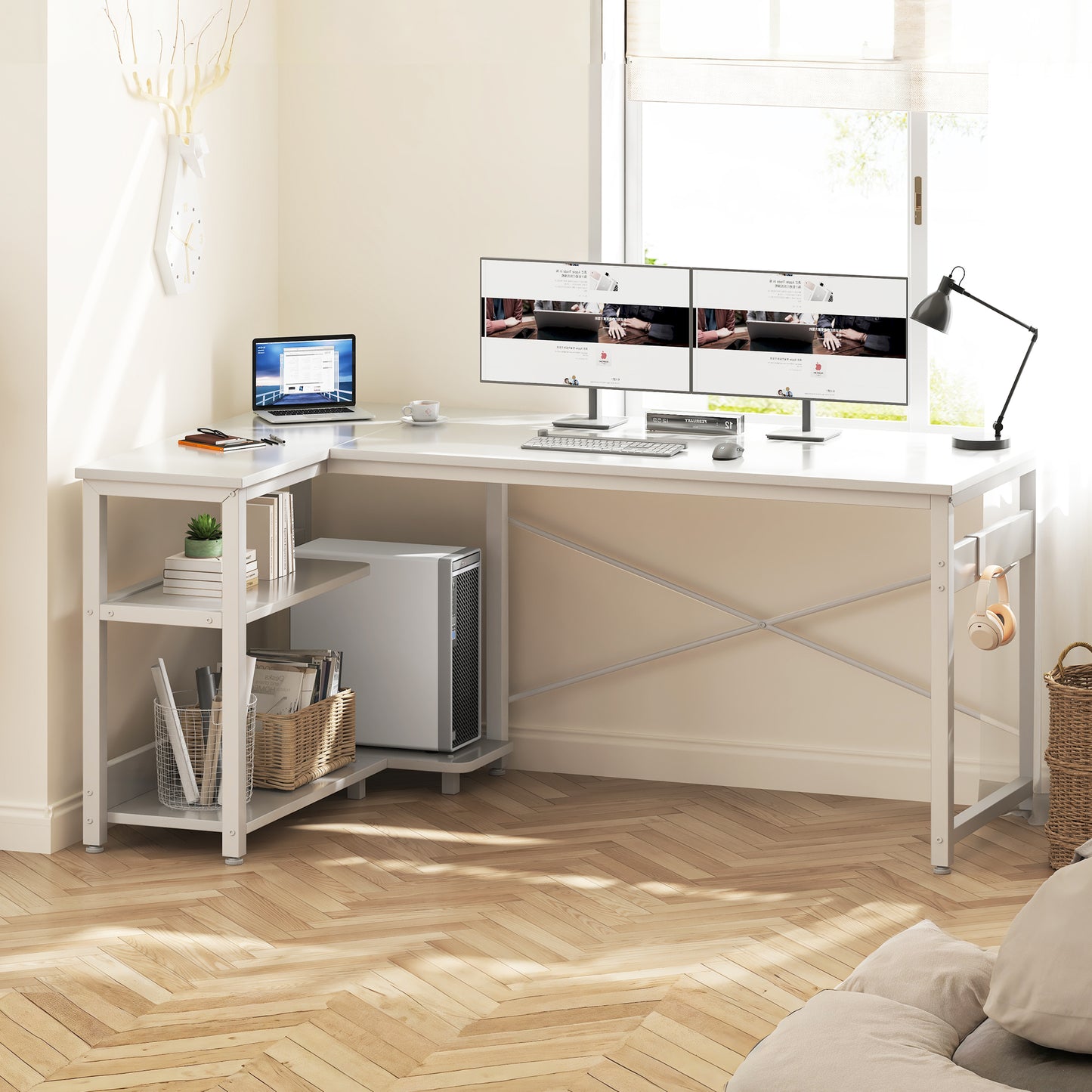 Casacomoda L Shaped Computer Desk with Power Outlet Shelves, 55 Inch Big Reversible Corner Desk for Small Space Home Office, L-Shaped Desk PC Desks, White