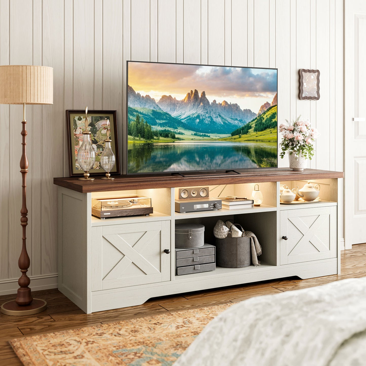 Farmhouse LED TV Stand for 65 Inch TV, Entertainment Center with Power Outlet, Media Console with Storage Cabinets and Shelves, White