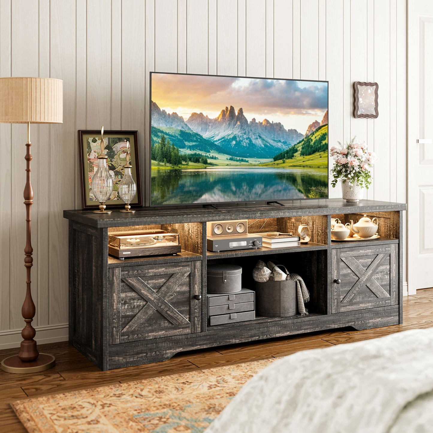 Farmhouse LED TV Stand for 65 Inch TV, Entertainment Center with Power Outlet, Media Console with Storage Cabinets and Shelves, Dark Oak