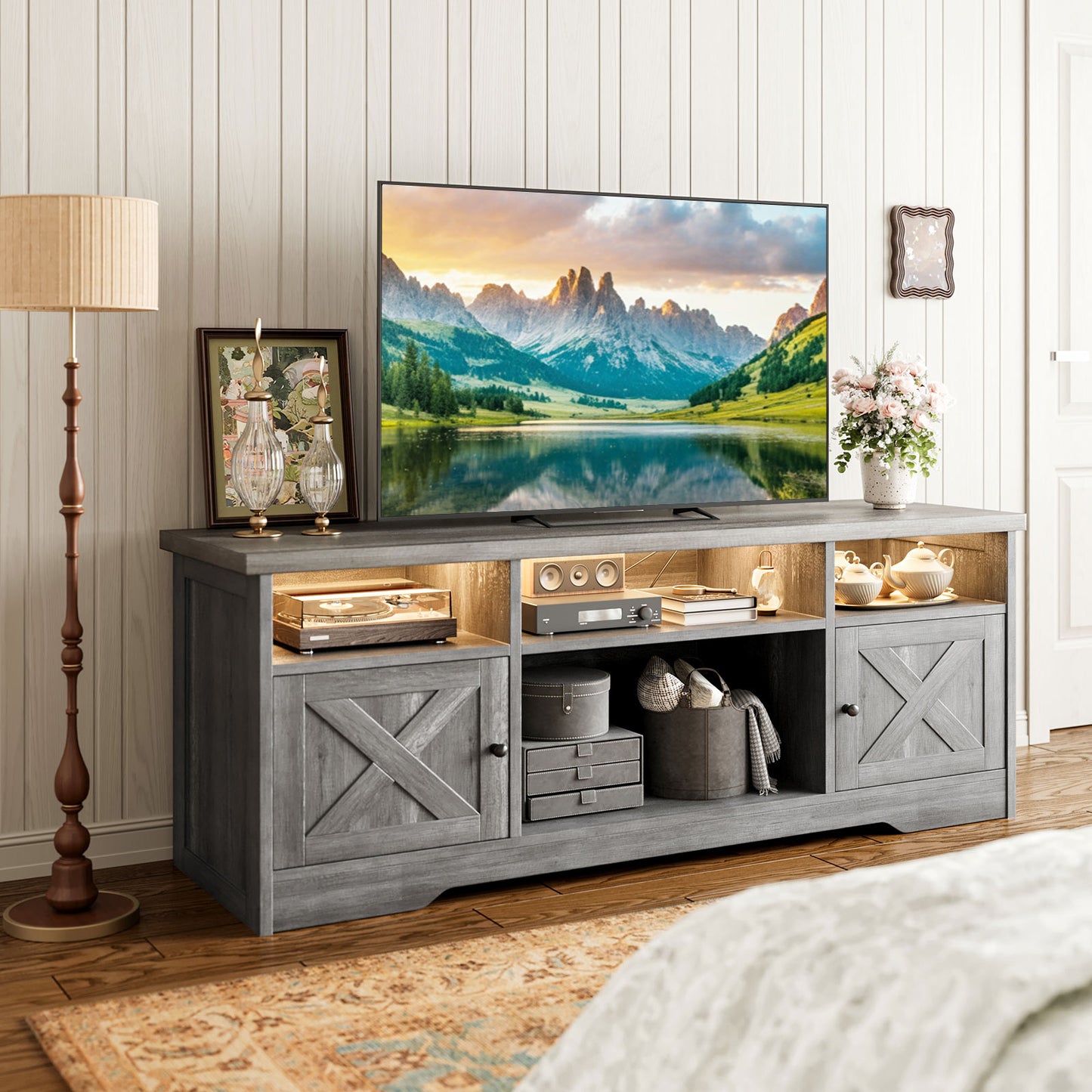 Farmhouse LED TV Stand for 65 Inch TV, Entertainment Center with Power Outlet, Media Console with Storage Cabinets and Shelves, Gray Oak