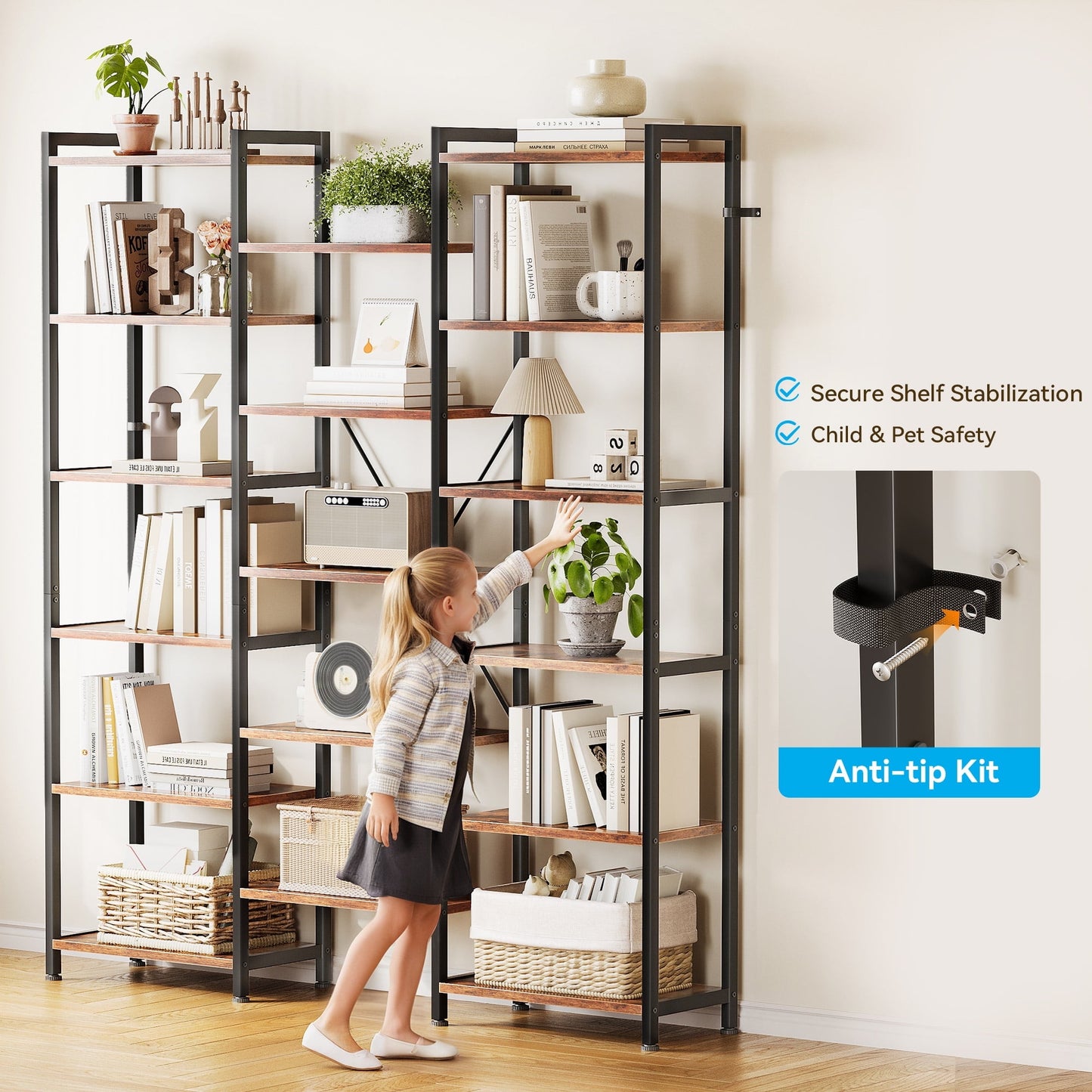 Casacomoda Triple Wide 6 Tier Bookshelf, Rustic Industrial Style Bookcases with 15 Open Display Shelves, Modern Tall Bookcase Furniture for Bedroom, Living Room and Home Office, Rustic Brown