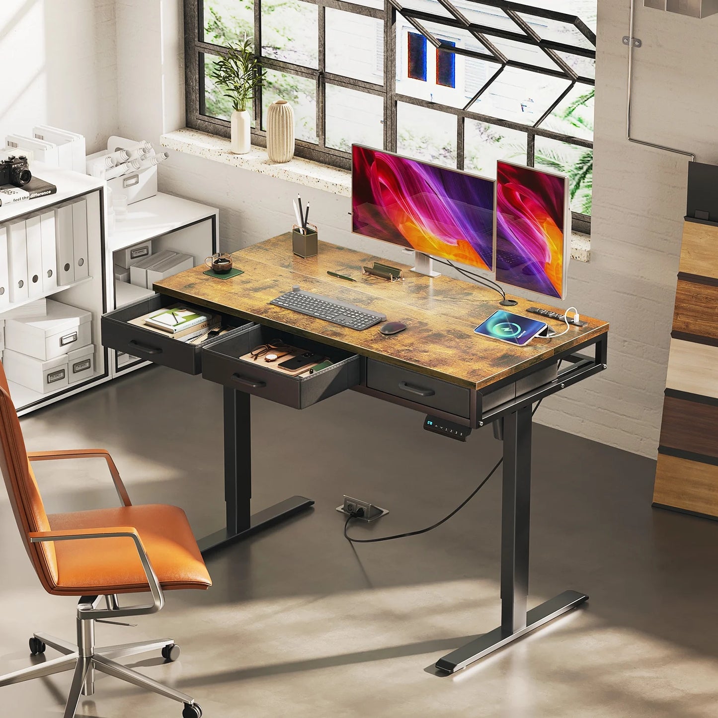 Electric Standing Desk with Drawers, 47 Inch Height Adjustable Desk with Power Outlets & USB, Sit Stand Table for Home, Office, Workstation, Rustic Brown