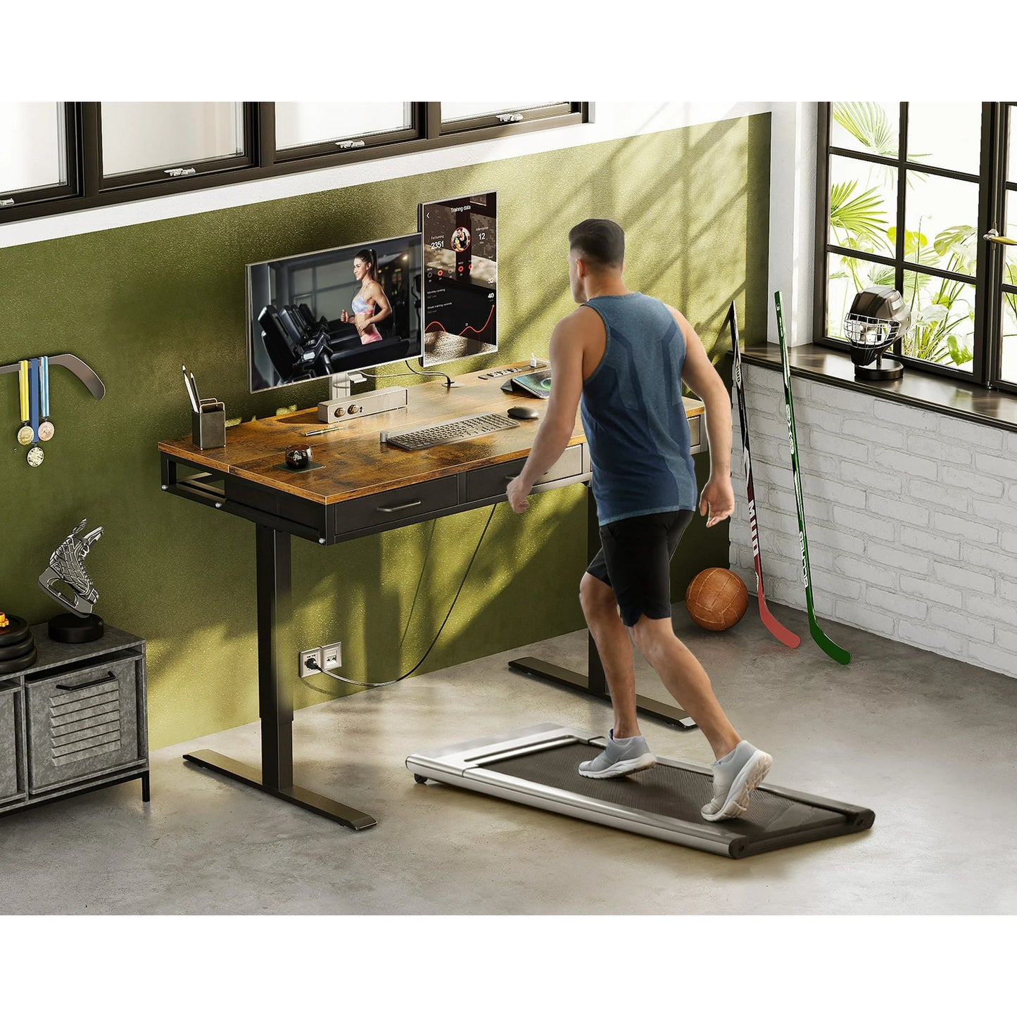 Electric Standing Desk with Drawers, 47 Inch Height Adjustable Desk with Power Outlets & USB, Sit Stand Table for Home, Office, Workstation, Rustic Brown