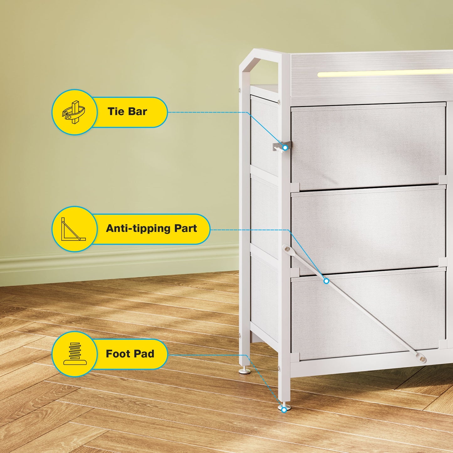 KKL Dresser with LED Lights and Charging Station, 44 inch Dresser for Bedoom with 8 Storage Drawers & Open Shelves, White
