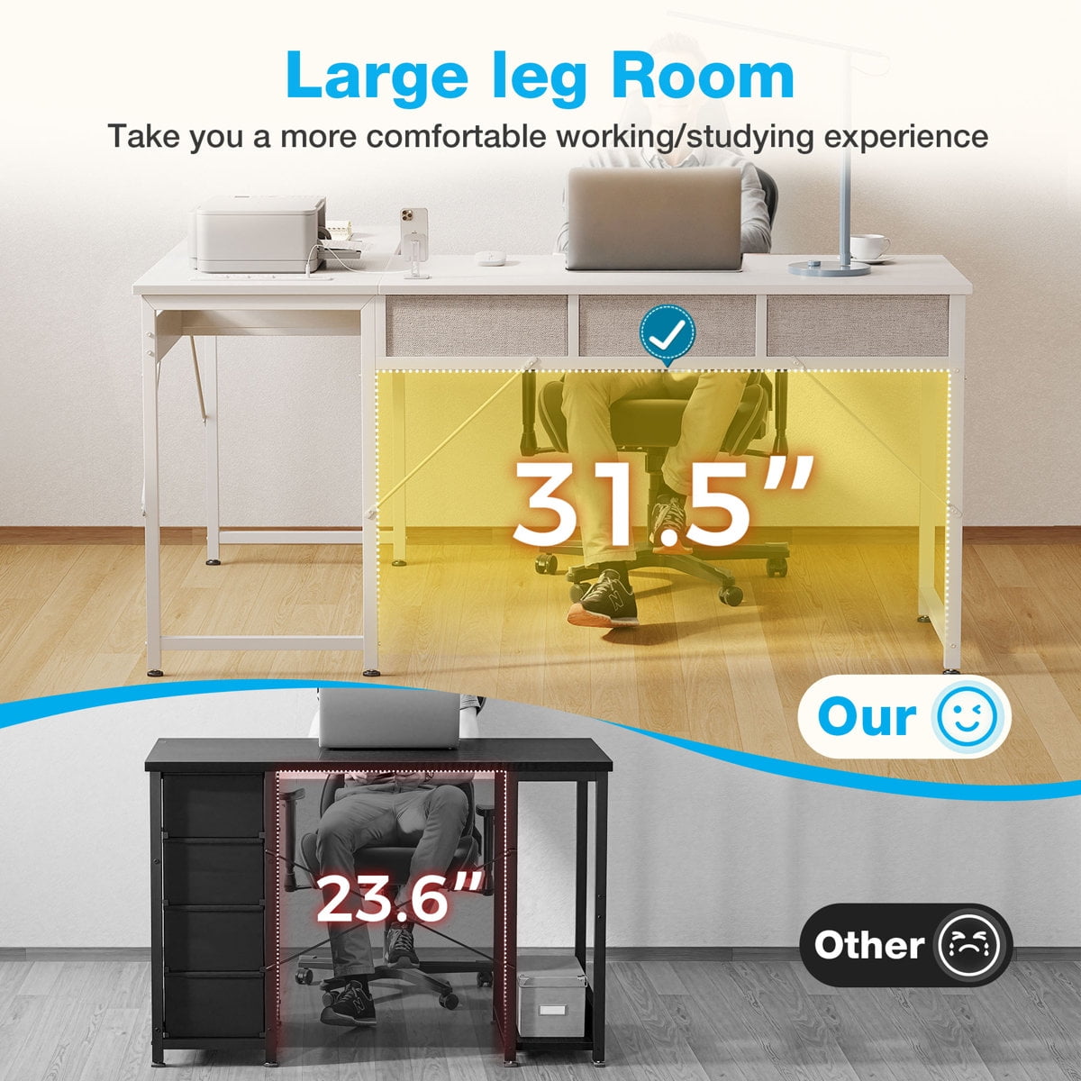 Casacomoda 48 inch L Shaped Computer Desk with 3 Drawers, Corner Desk with Power Outlets & Reversible Storage Shelves, Simple Computer Desk for Home Office Gaming, White