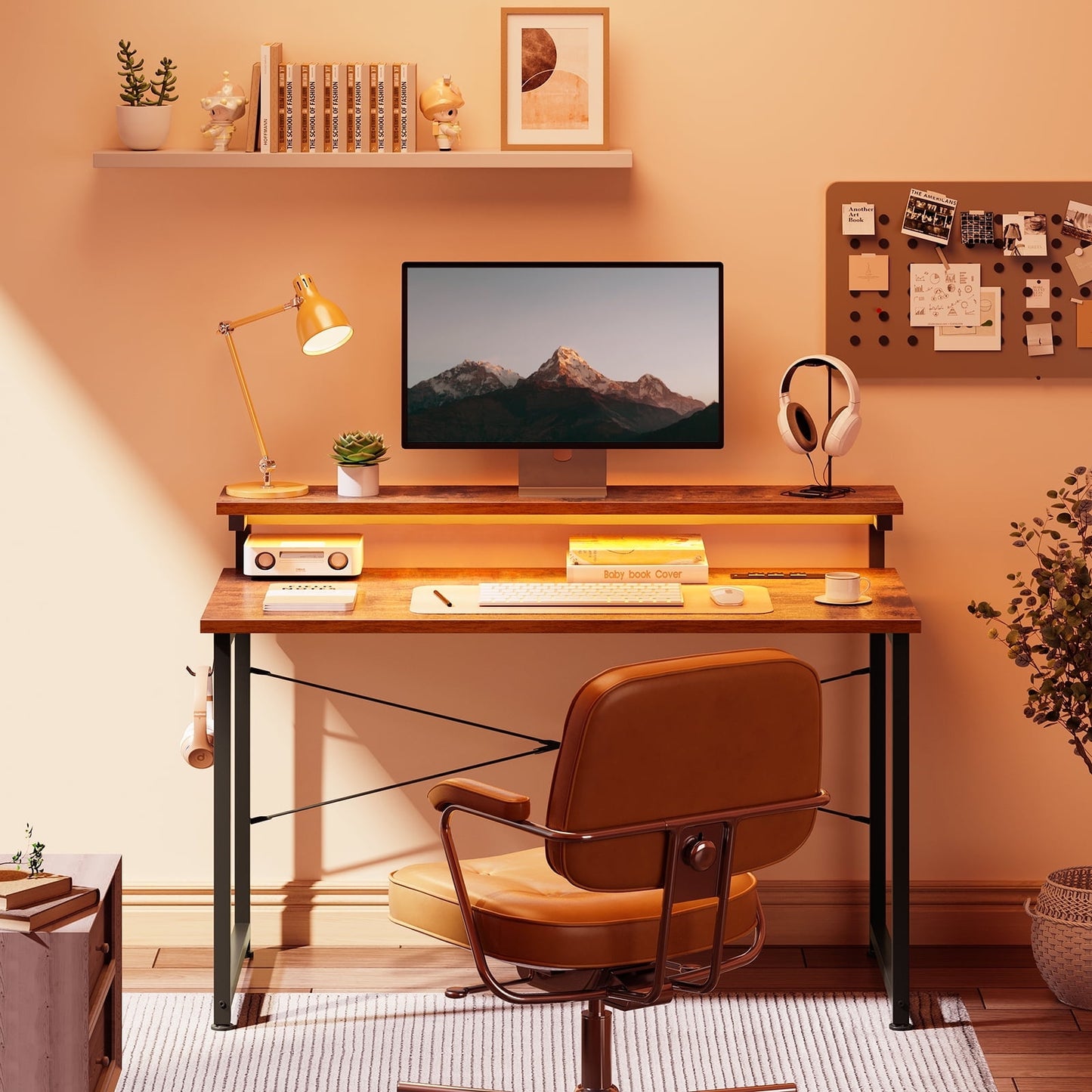 Casacomoda 48 inch Computer Desk with Monitor Stand, Home Office Desk with Charging Station & LED Light, Simple Modern Style Laptop Desk for Small Space, Vintage
