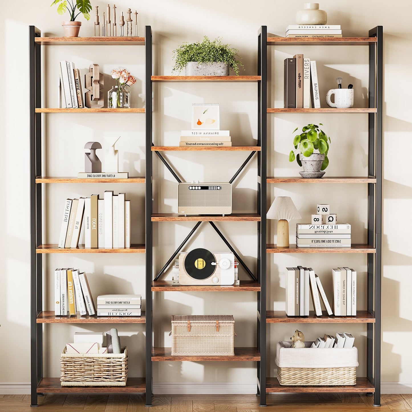 Casacomoda Triple Wide 6 Tier Bookshelf, Rustic Industrial Style Bookcases with 15 Open Display Shelves, Modern Tall Bookcase Furniture for Bedroom, Living Room and Home Office, Rustic Brown