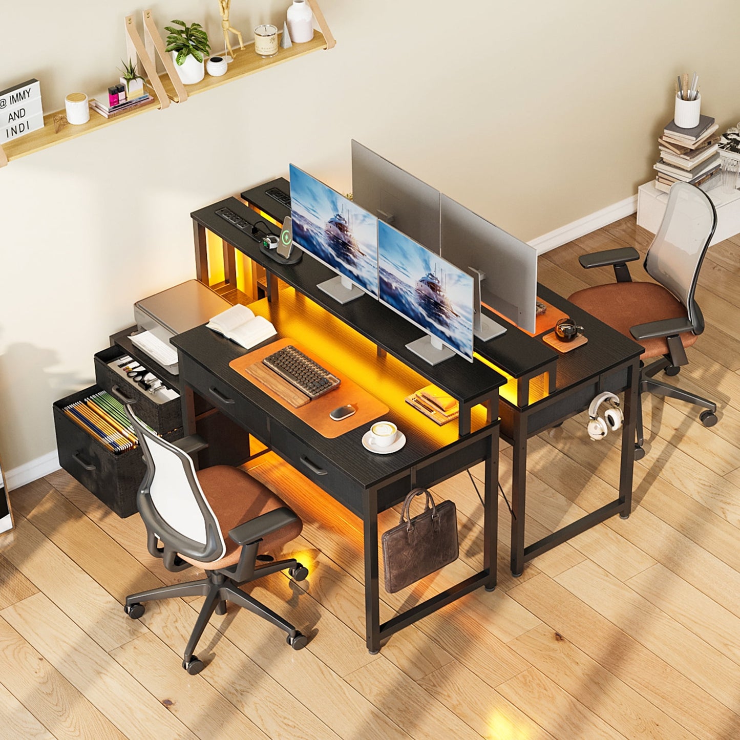 Computer Desk with 4 Drawers, 48 Inch Reversible Desk with Led Lights & Power Outlet, Home Office Desk with File Drawer & Monitor Stand, Black