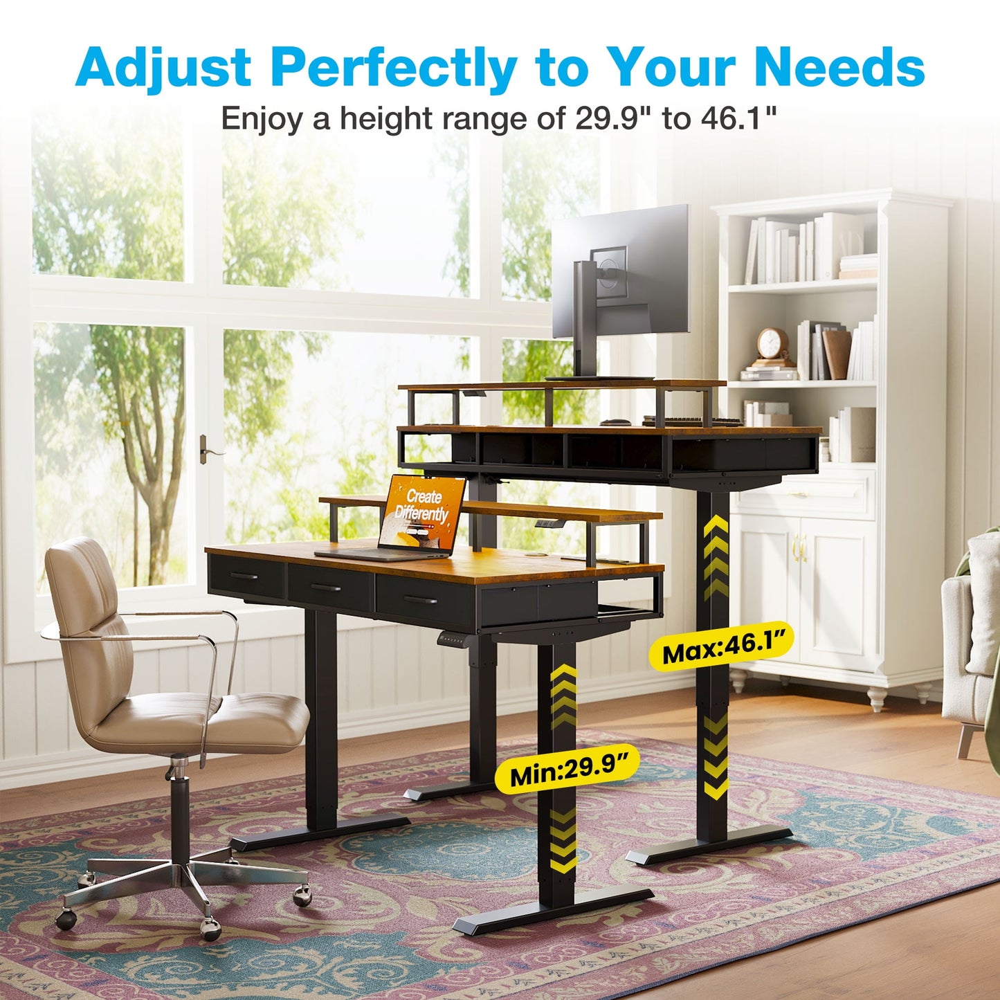 Casacomoda 48“ Electric Standing Desk with Power Outlets and LED Lights, Adjustable Height Sit Stand Desk with Monitor Shelf & 3 Fabric Drawers for Home Office, Vintage