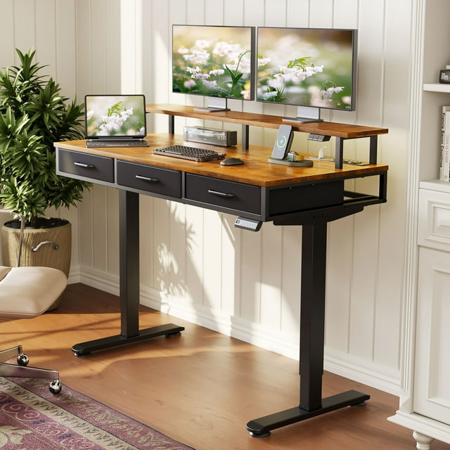 Casacomoda Electric Standing Desk with Power Outlets and LED Lights, Adjustable Height Sit Stand Desk with Monitor Shelf & 3 Fabric Drawers for Home Office, Vintage