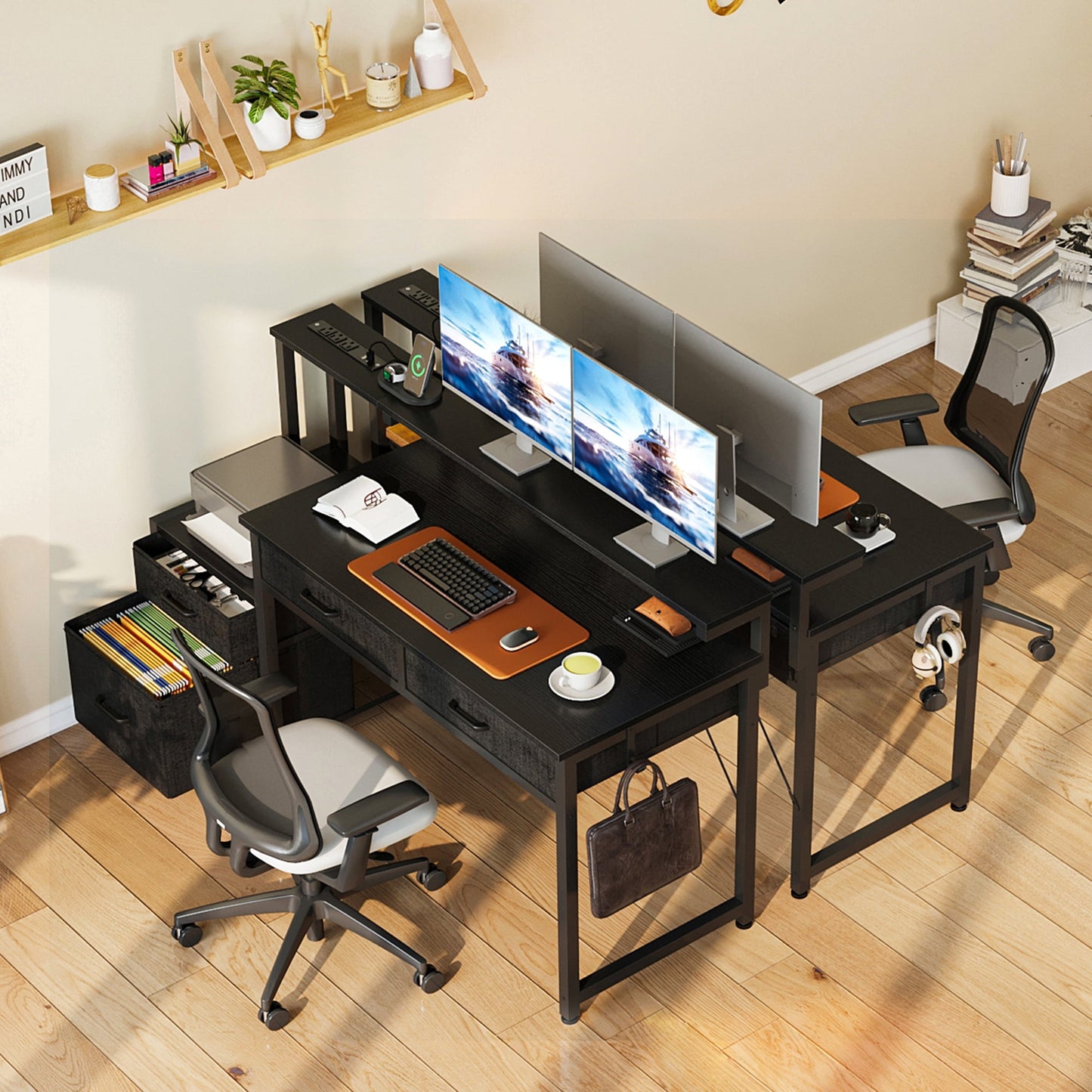 Casacomoda Computer Desk with 4 Drawers, 48 Inch Reversible Desk with Power Outlet, Home Office Desk with File Drawer & Monitor Stand, Black
