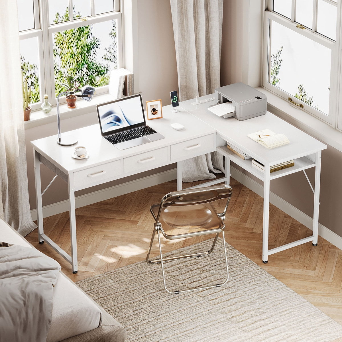 Casacomoda 48 inch L Shaped Computer Desk with 3 Drawers, Corner Desk with Power Outlets & Reversible Storage Shelves, Simple Computer Desk for Home Office Gaming, White