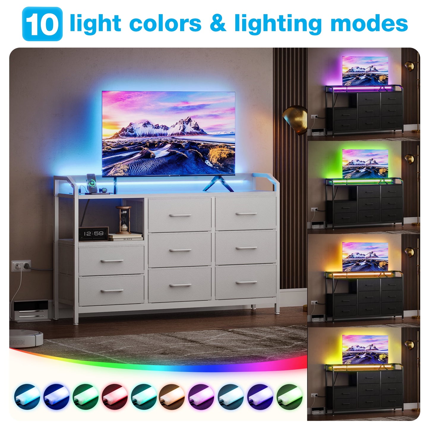 KKL Dresser with LED Lights and Charging Station, 44 inch Dresser for Bedoom with 8 Storage Drawers & Open Shelves, White