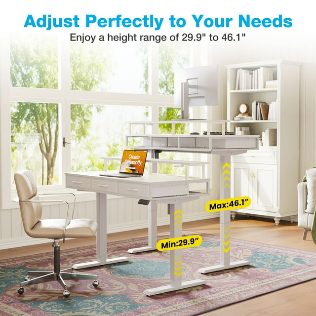 Casacomoda Electric Standing Desk with Power Outlets and LED Lights, Adjustable Height Sit Stand Desk with Monitor Shelf & 3 Fabric Drawers for Home Office, White