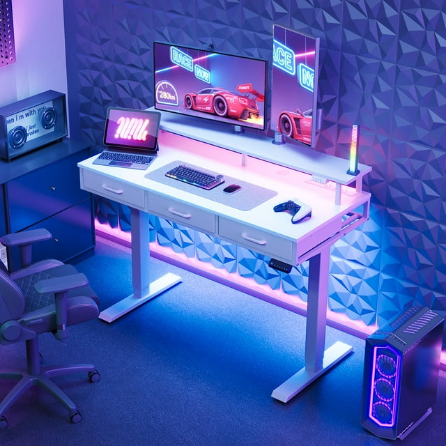 Casacomoda Electric Standing Desk with Power Outlets and LED Lights, Adjustable Height Sit Stand Desk with Monitor Shelf & 3 Fabric Drawers for Home Office, White