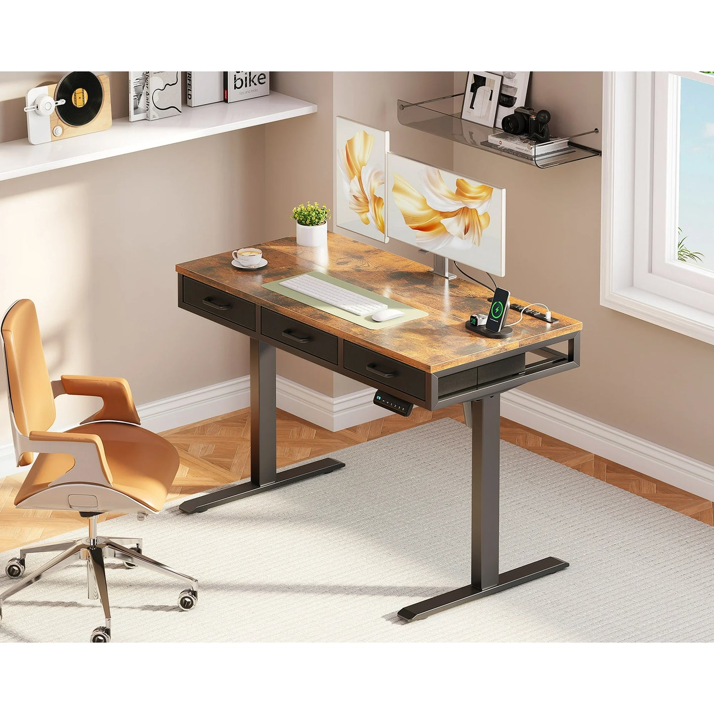 Electric Standing Desk with Drawers, 47 Inch Height Adjustable Desk with Power Outlets & USB, Sit Stand Table for Home, Office, Workstation, Rustic Brown
