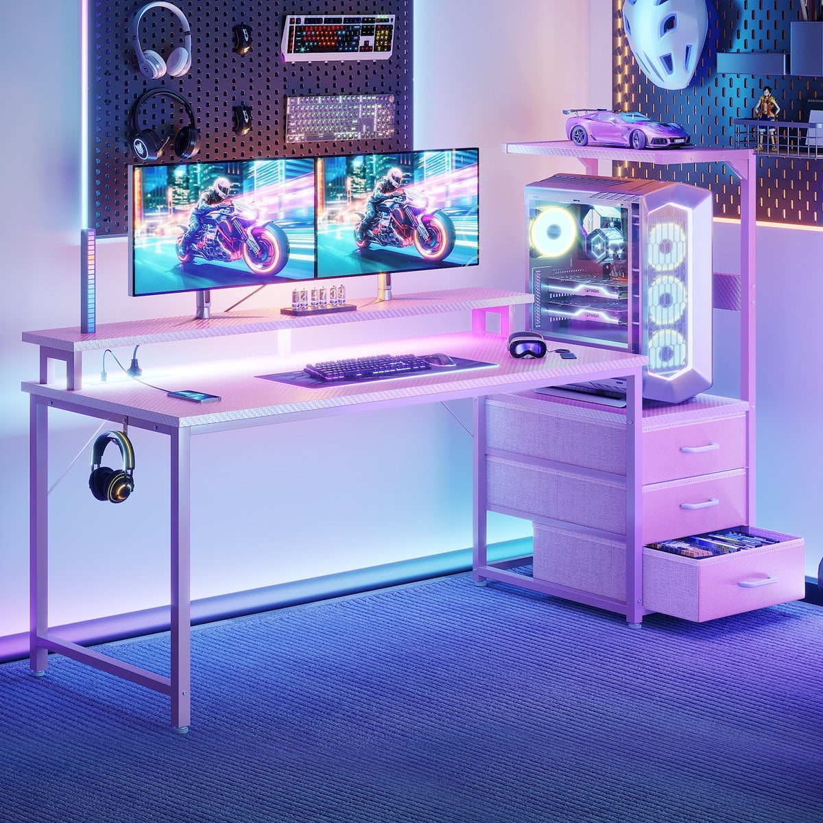 59" Gaming Desk with RGB LED Lights & Monitor Stand, Computer Desk with CPU Stand & Power Outlet, Home Office Desk with Storage Drawers, Pink