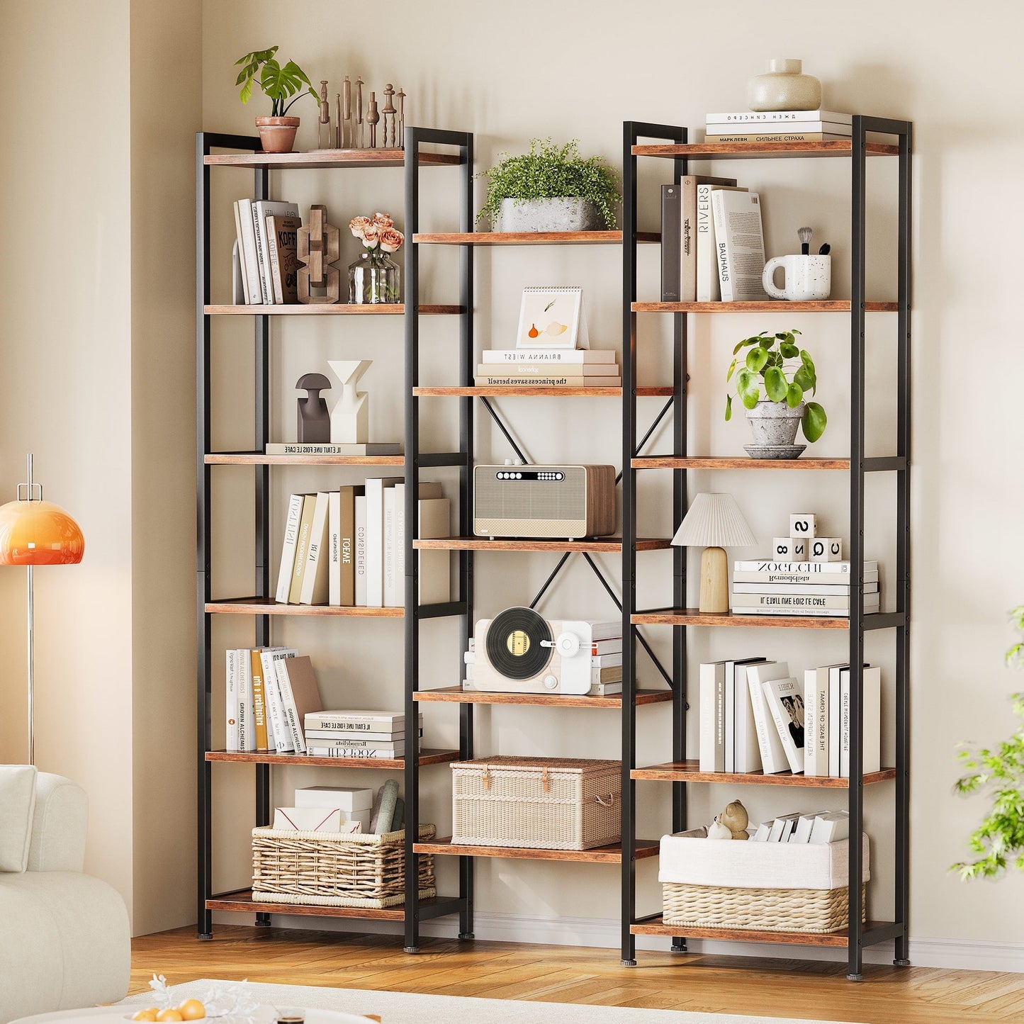 Casacomoda Triple Wide 6 Tier Bookshelf, Rustic Industrial Style Bookcases with 15 Open Display Shelves, Modern Tall Bookcase Furniture for Bedroom, Living Room and Home Office, Rustic Brown
