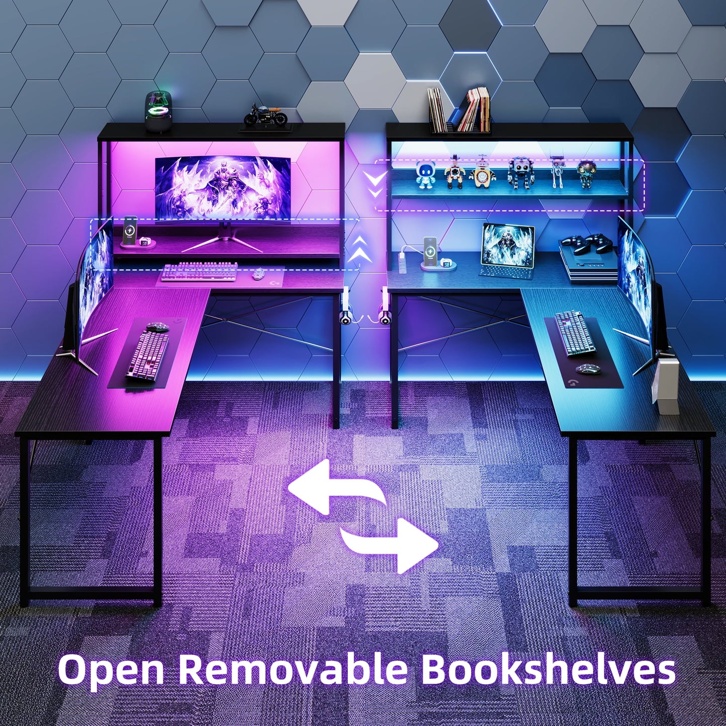 Reversible Display Shelf Gaming Desk with LED Lights & Power Outlets, 53 inch L-Shaped Computer Desk with Hutch & Hook, Black