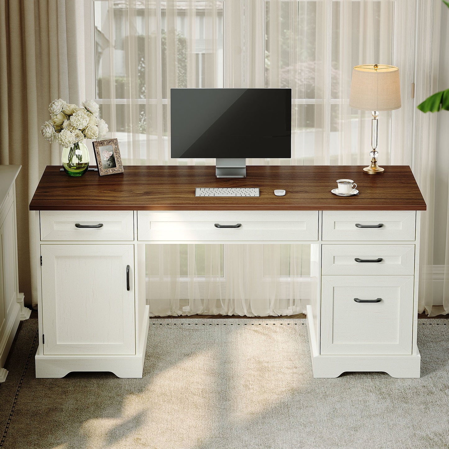 Casacomoda Home Office Desk with File Cabinet and Drawers, 59" Executive Desk with USB Power Outlet, Storage Cabinet for CPU, Workstation Table for Study, Walnut & Warm White