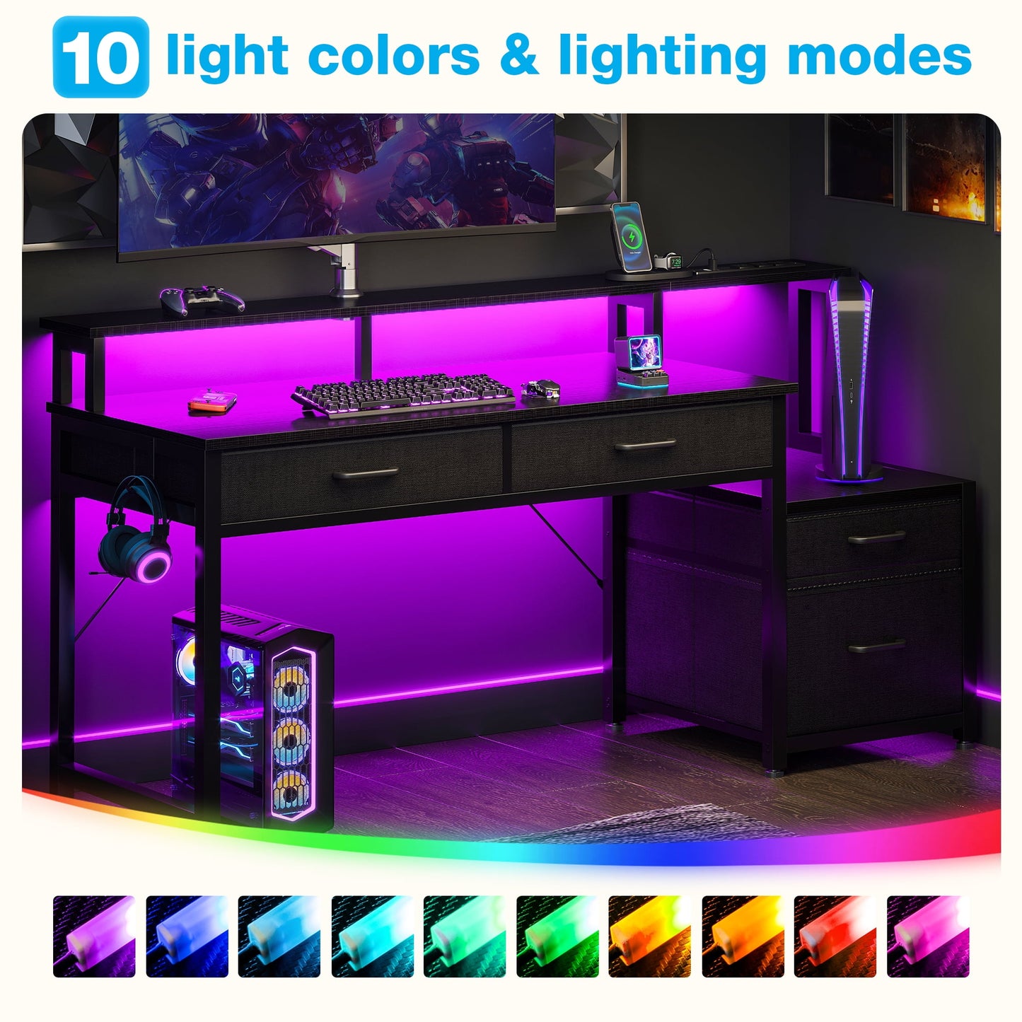 Computer Desk with 4 Drawers, 48 Inch Reversible Desk with Led Lights & Power Outlet, Home Office Desk with File Drawer & Monitor Stand, Black