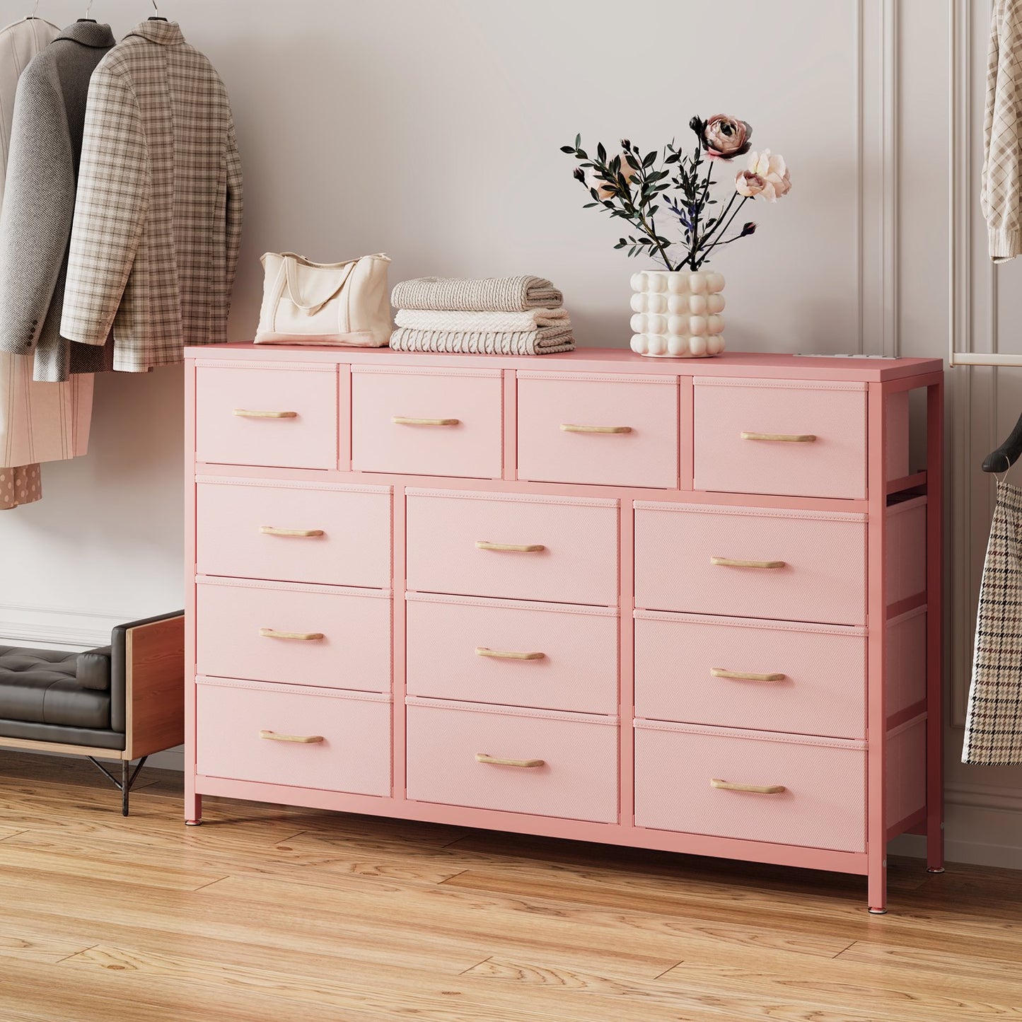Casacomoda Dresser with Charging Station, 55-Inch Long Dressers for Bedroom, Large Dressers TV Stand with 13 Storage Drawers, Fabric Dresser Chest of Drawers, Pink
