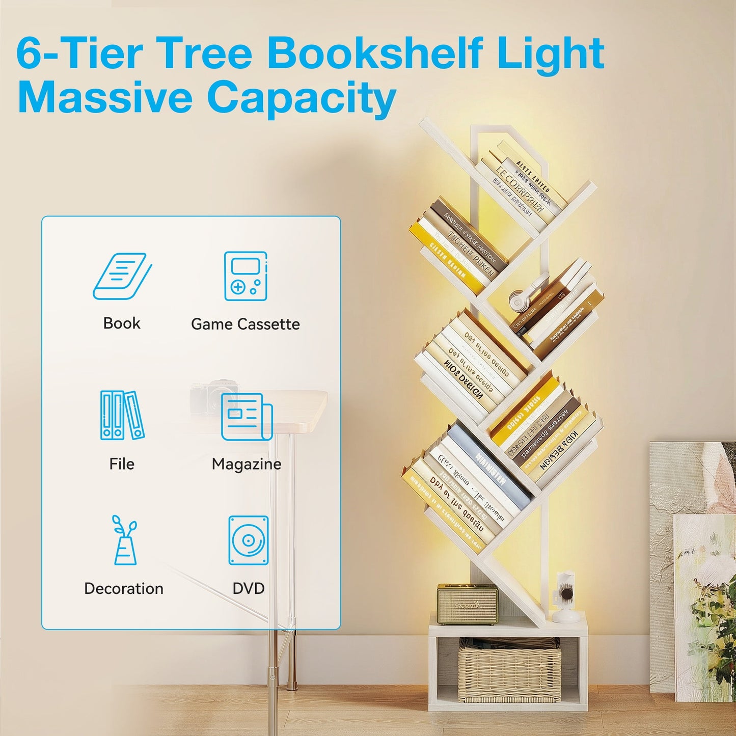 Casacomoda 6 Tier Tree Bookshelf, Bookcase with LED Lights, Display Floor Standing Storage Shelf, Book Organizer Shelves for Home Office, Living Room, White