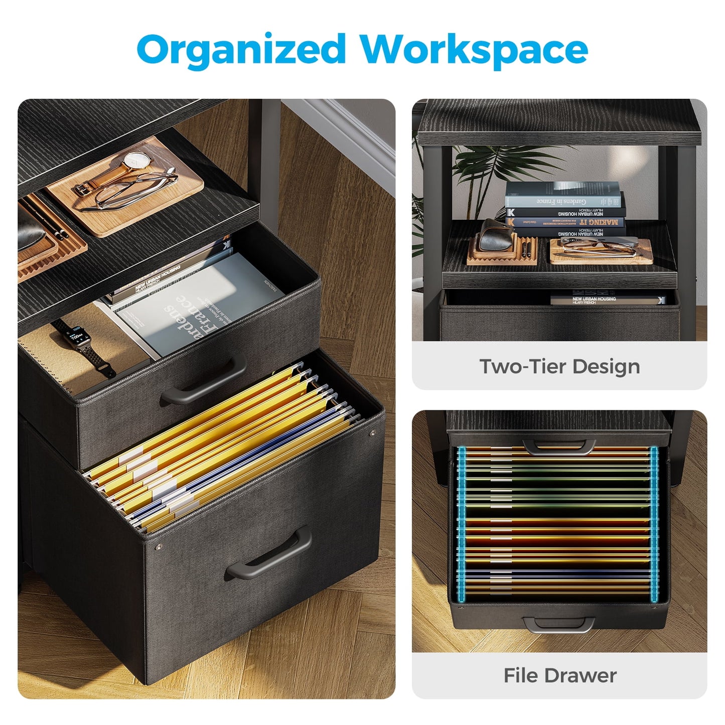Casacomoda 55 inch Computer Desk with 5 Drawers and File Cabinet for Storage, Office Desk with Storage Shelf & Power Outlets, Home Office Desks, Black