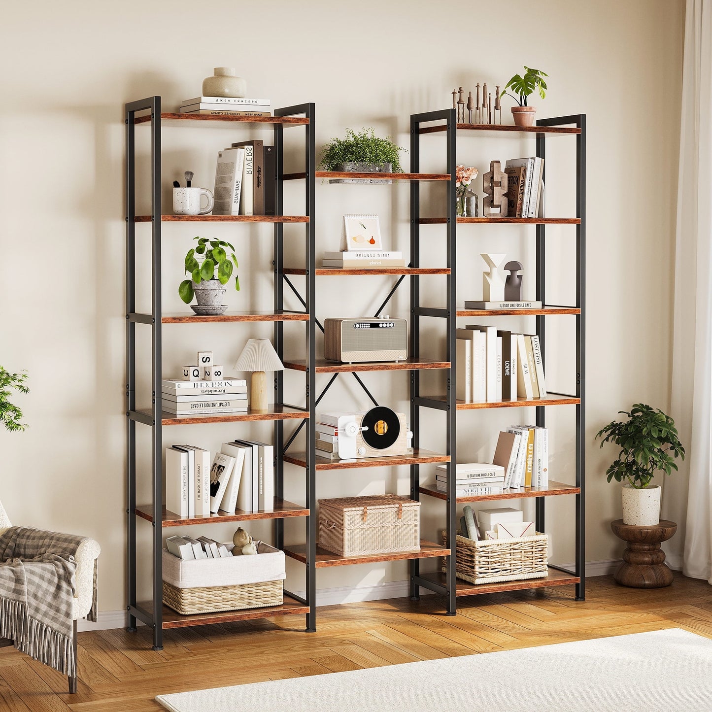 Casacomoda Triple Wide 6 Tier Bookshelf, Rustic Industrial Style Bookcases with 15 Open Display Shelves, Modern Tall Bookcase Furniture for Bedroom, Living Room and Home Office, Rustic Brown