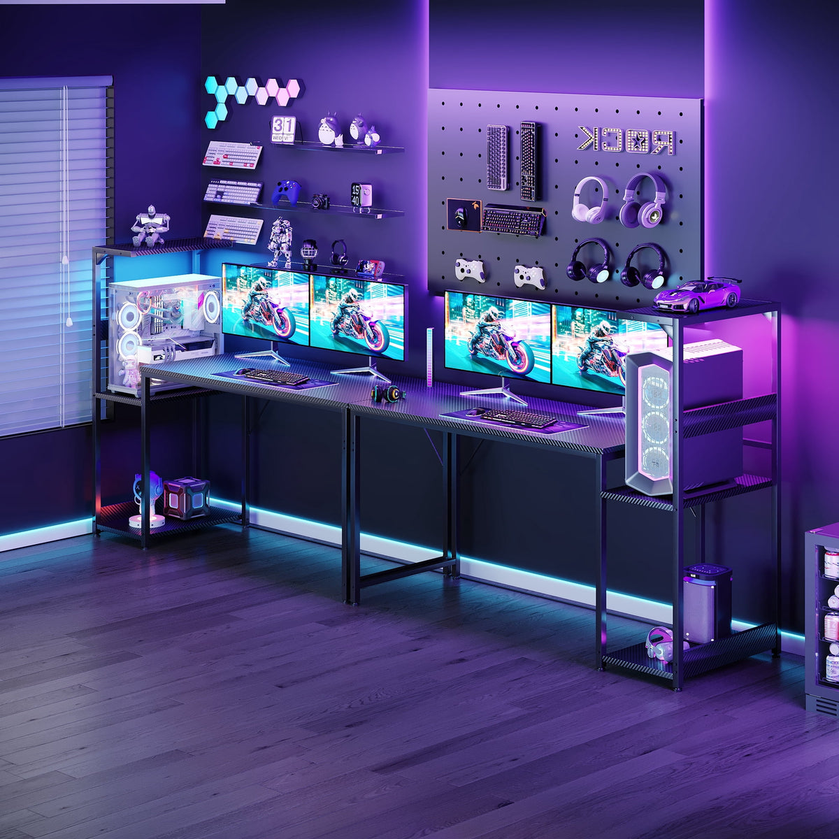 Casacomoda 54" Gaming Desk with LED Lights, Computer Desk with Shelf & PC Stand, Reversible Display Shelf, Carbon Fiber Black